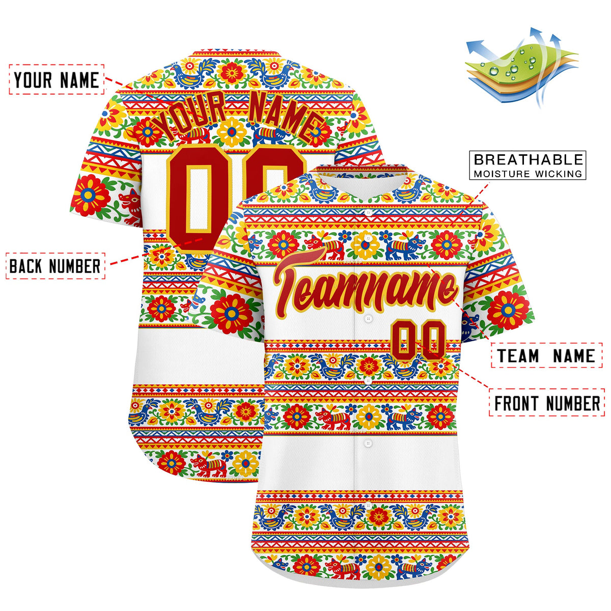 Custom White Red Gold Graffiti Pattern Mexican style Stretch Fabric Baseball Jersey| KXKSHOP