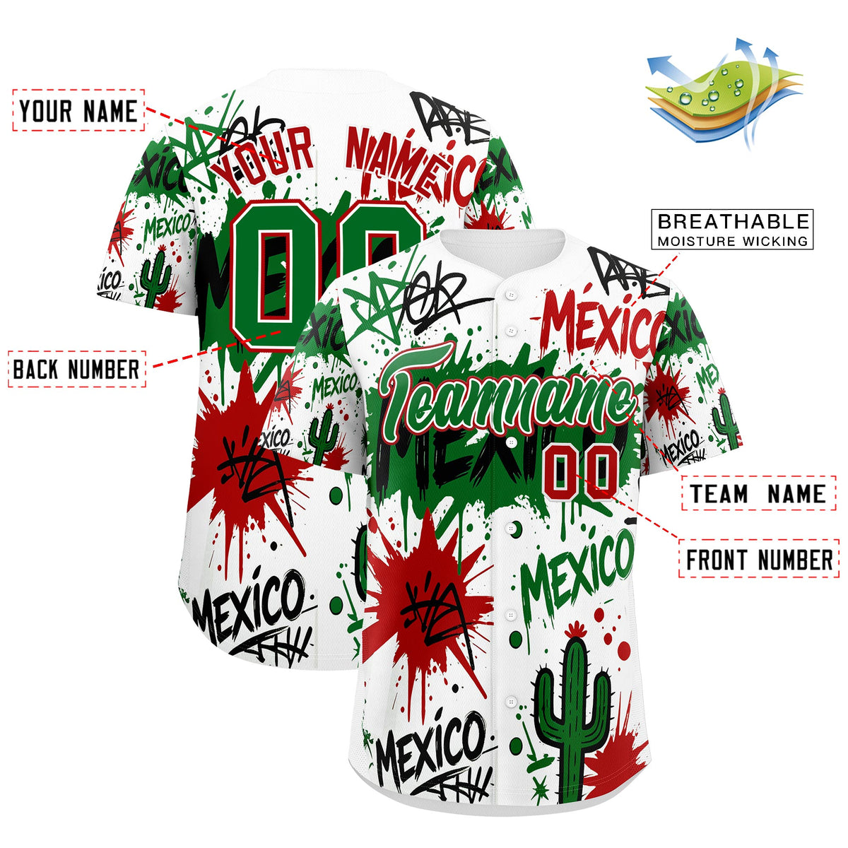 Custom White Kelly Green Red Graffiti Pattern Mexican style Stretch Fabric Baseball Jersey| KXKSHOP