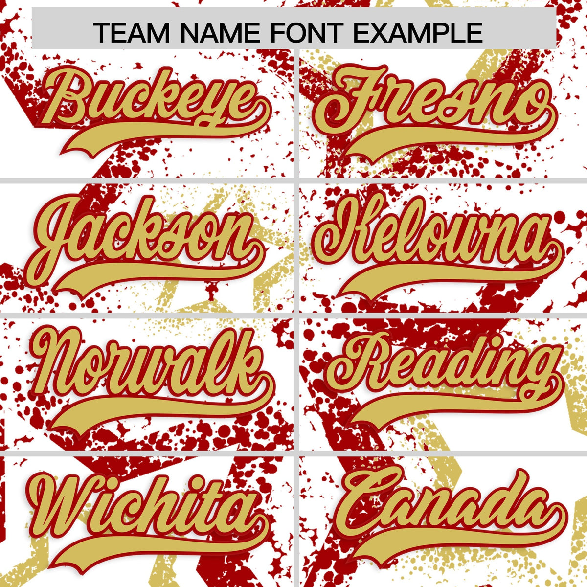 Custom White Old Gold Red Star-Shaped Ink Texture Graffiti Pattern Baseball Jersey | Sublimation Printed & Stitched,Add Name and Numbern,Perfect for Parties,Perfect for Training | KXKSHOP