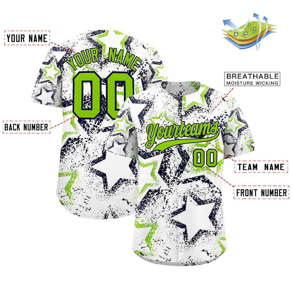 Custom White Neon Green Navy Star-Shaped Ink Texture Graffiti Pattern Baseball Jersey | Sublimation Printed &amp; Stitched,Add Name and Numbern,Perfect for Parties,Perfect for Training | KXKSHOP