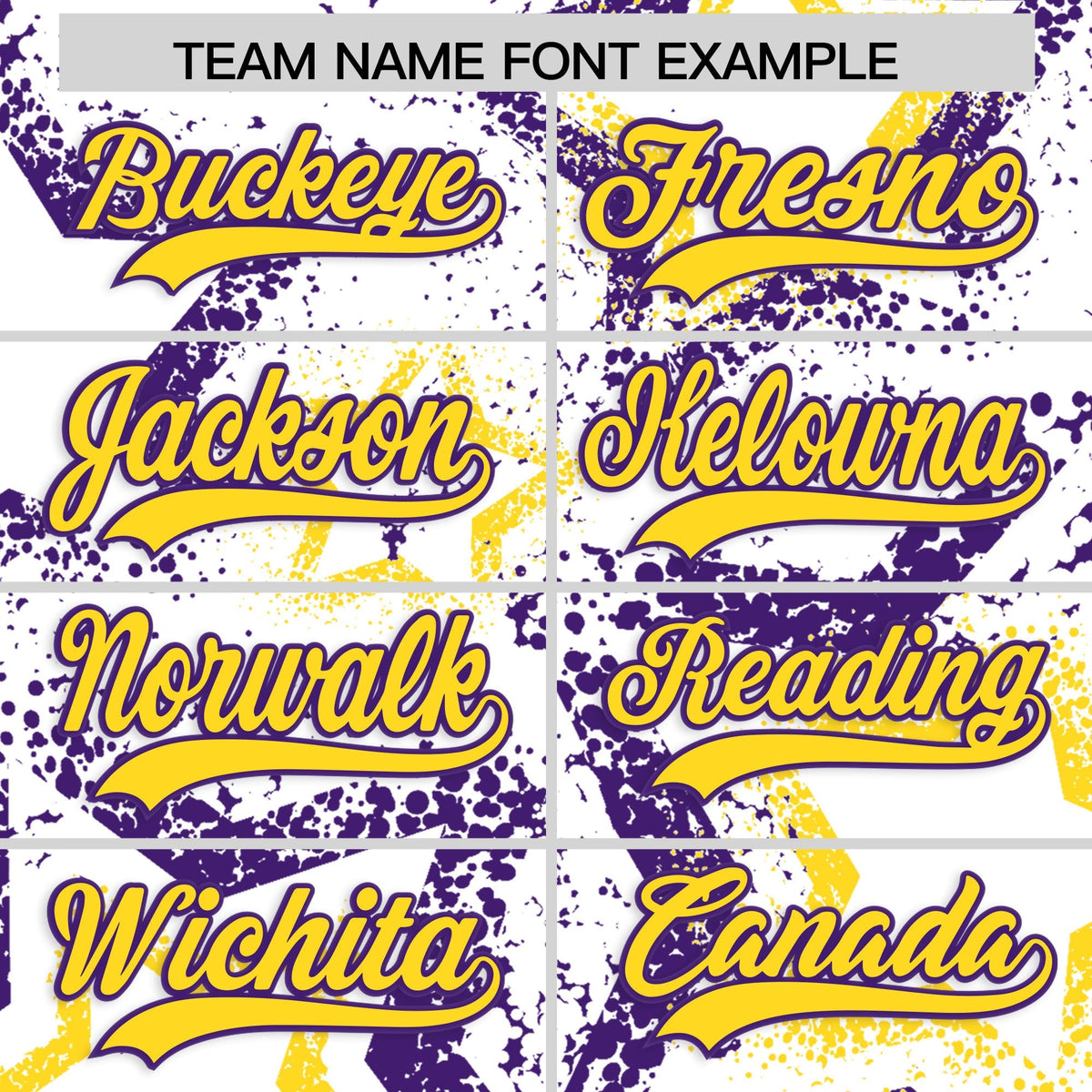 Custom White Gold Purple Star-Shaped Ink Texture Graffiti Pattern Baseball Jersey | Sublimation Printed & Stitched,Add Name and Numbern,Perfect for Parties,Perfect for Training | KXKSHOP