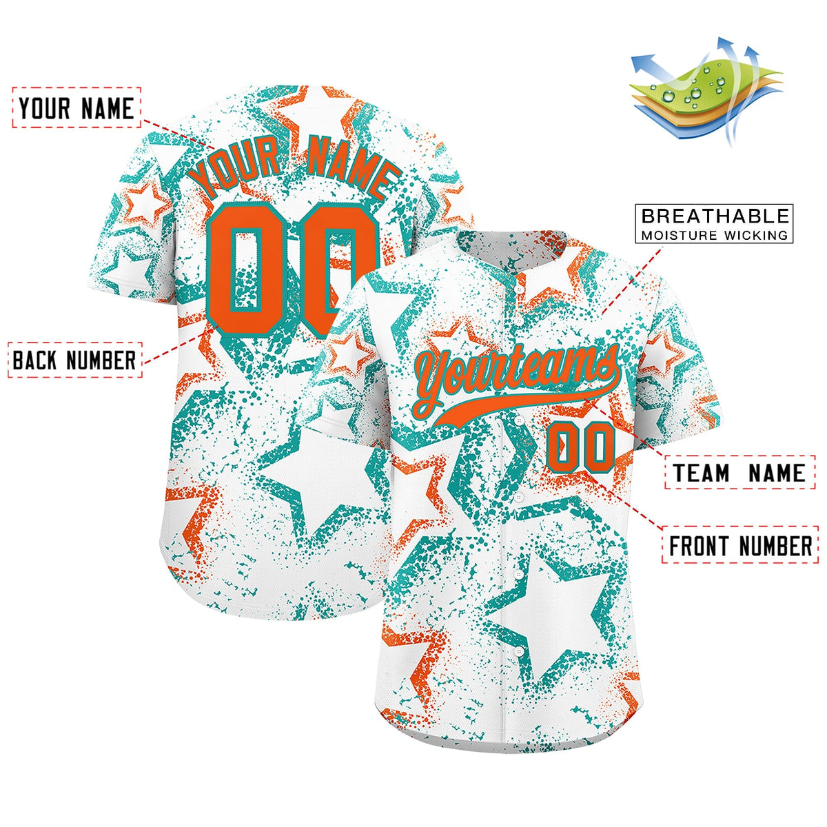 Custom White Aqua Orange Star-Shaped Ink Texture Graffiti Pattern Baseball Jersey | Sublimation Printed &amp; Stitched,Add Name and Numbern,Perfect for Parties,Perfect for Training | KXKSHOP