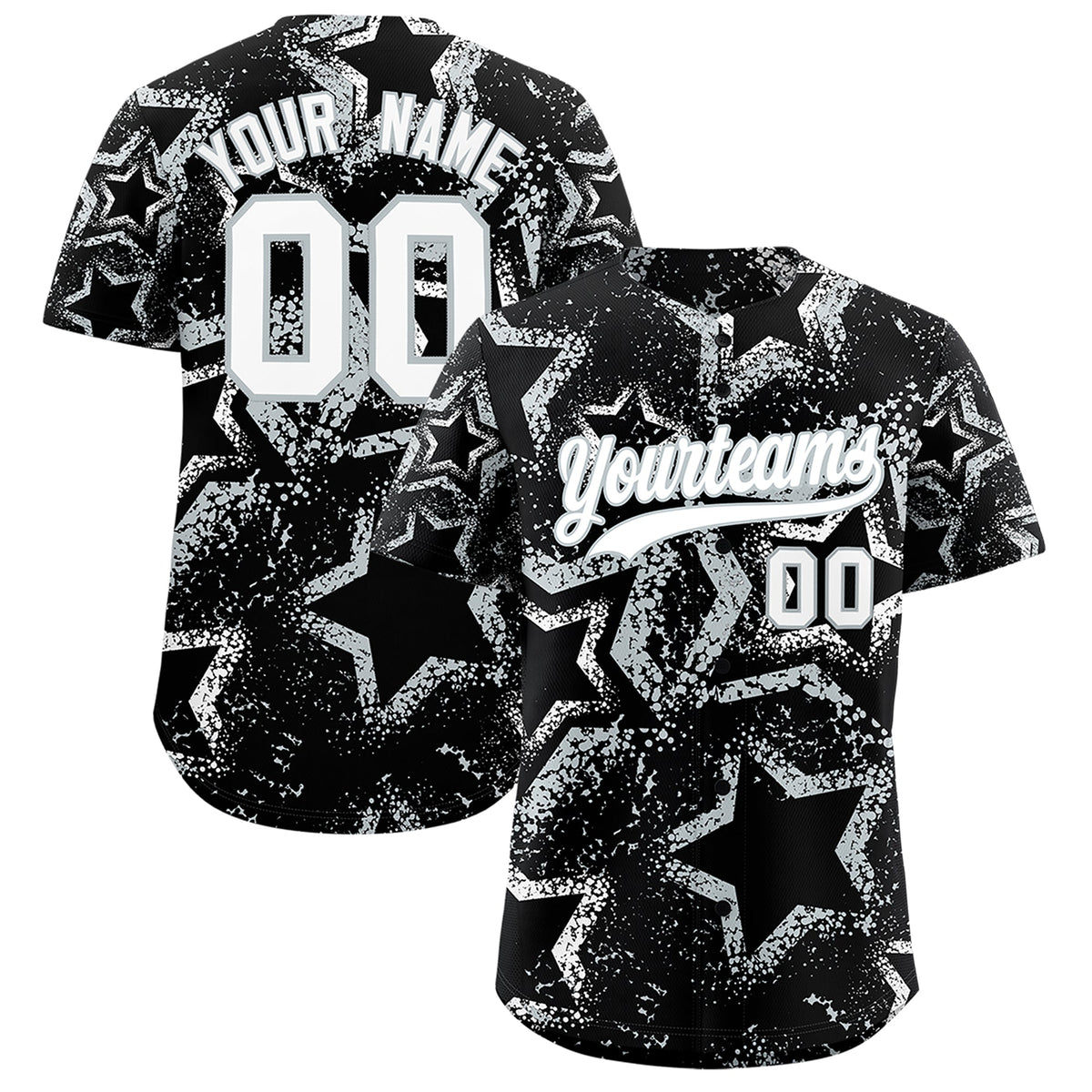 Custom Black White Silver Star-Shaped Ink Texture Graffiti Pattern Baseball Jersey | Sublimation Printed & Stitched,Add Name and Numbern,Perfect for Parties,Perfect for Training | KXKSHOP