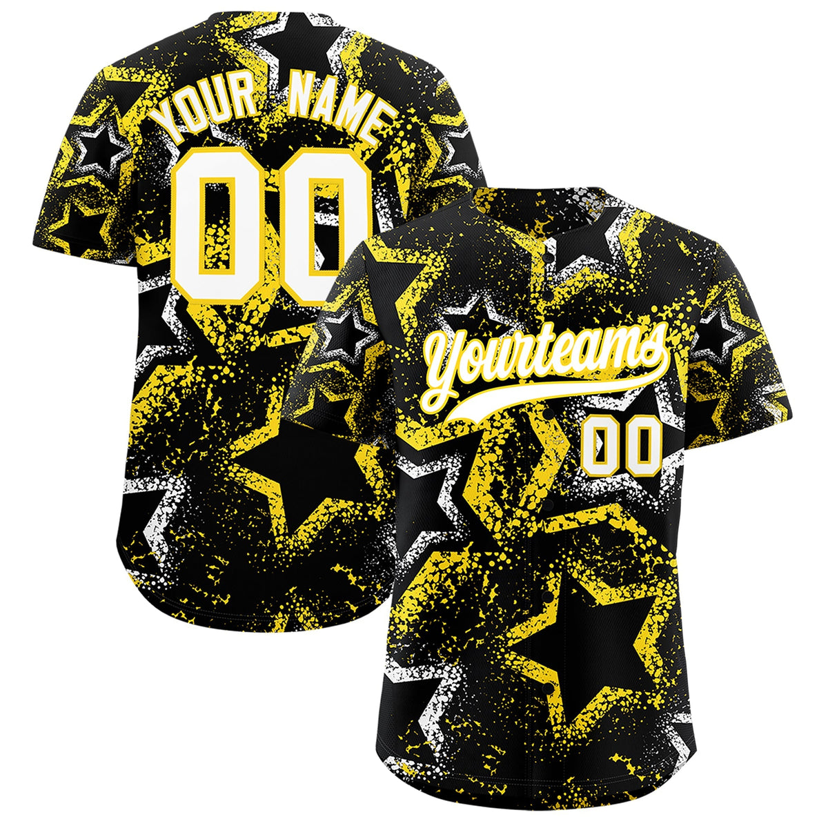 Custom Black White Gold Star-Shaped Ink Texture Graffiti Pattern Baseball Jersey | Sublimation Printed & Stitched,Add Name and Numbern,Perfect for Parties,Perfect for Training | KXKSHOP