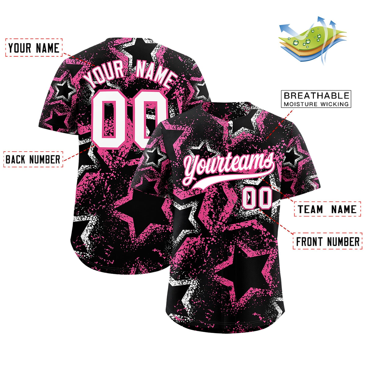 Custom Black White Pink Star-Shaped Ink Texture Graffiti Pattern Baseball Jersey | Sublimation Printed &amp; Stitched,Add Name and Numbern,Perfect for Parties,Perfect for Training | KXKSHOP