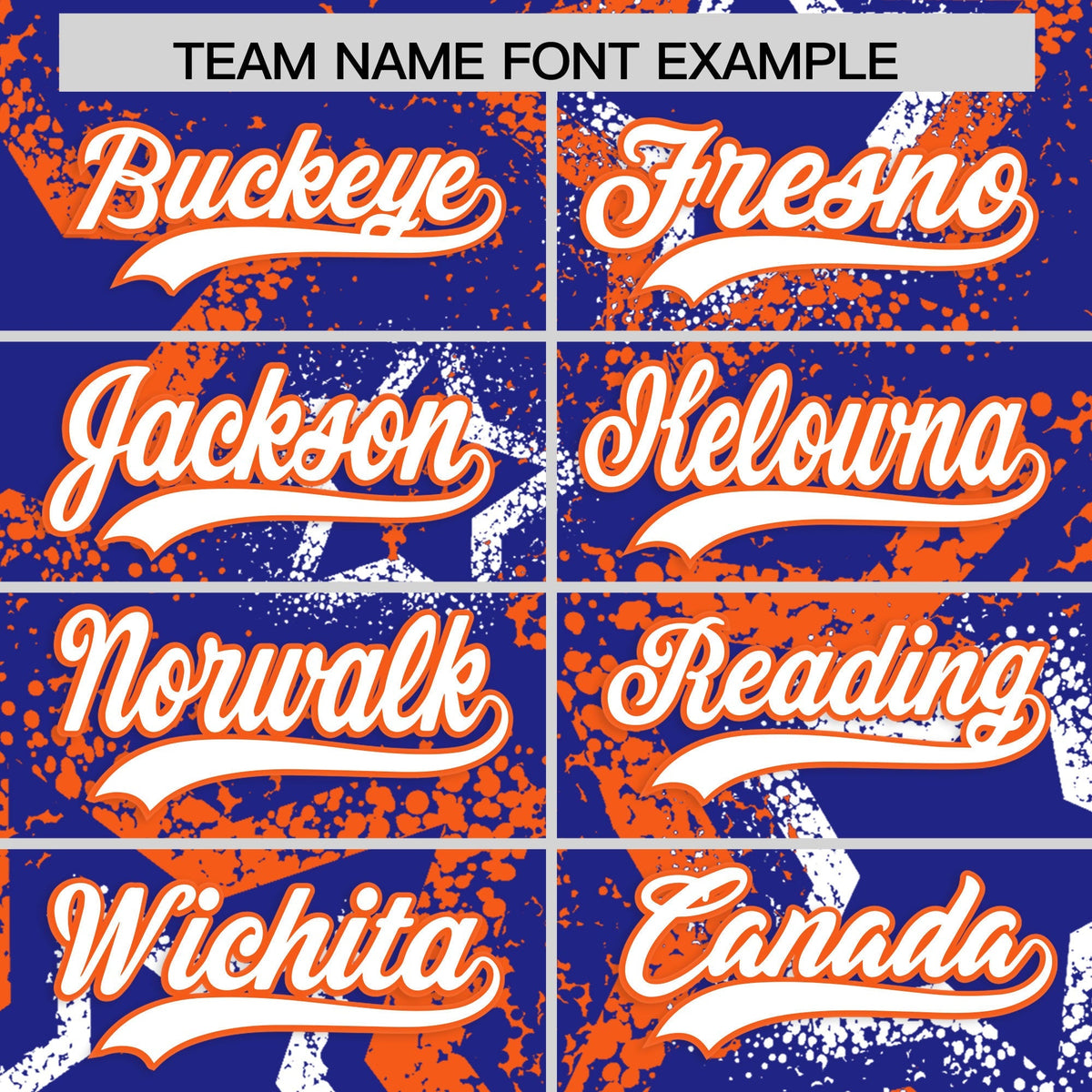 Custom Royal Blue White Orange Star-Shaped Ink Texture Graffiti Pattern Baseball Jersey | Sublimation Printed & Stitched,Add Name and Numbern,Perfect for Parties,Perfect for Training | KXKSHOP