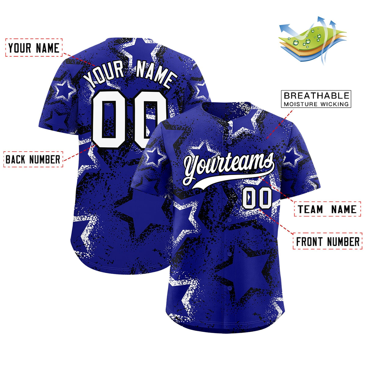Custom Royal Blue Black White Star-Shaped Ink Texture Graffiti Pattern Baseball Jersey | Sublimation Printed & Stitched,Add Name and Numbern,Perfect for Parties,Perfect for Training | KXKSHOP
