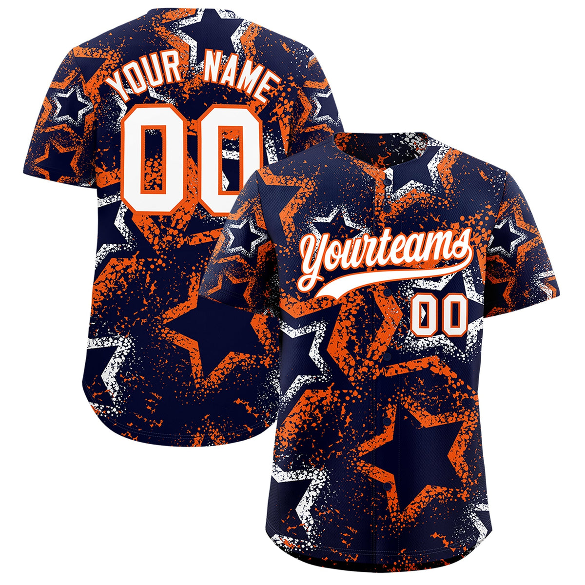Custom Navy White Orange Star-Shaped Ink Texture Graffiti Pattern Baseball Jersey | Sublimation Printed & Stitched,Add Name and Numbern,Perfect for Parties,Perfect for Training | KXKSHOP