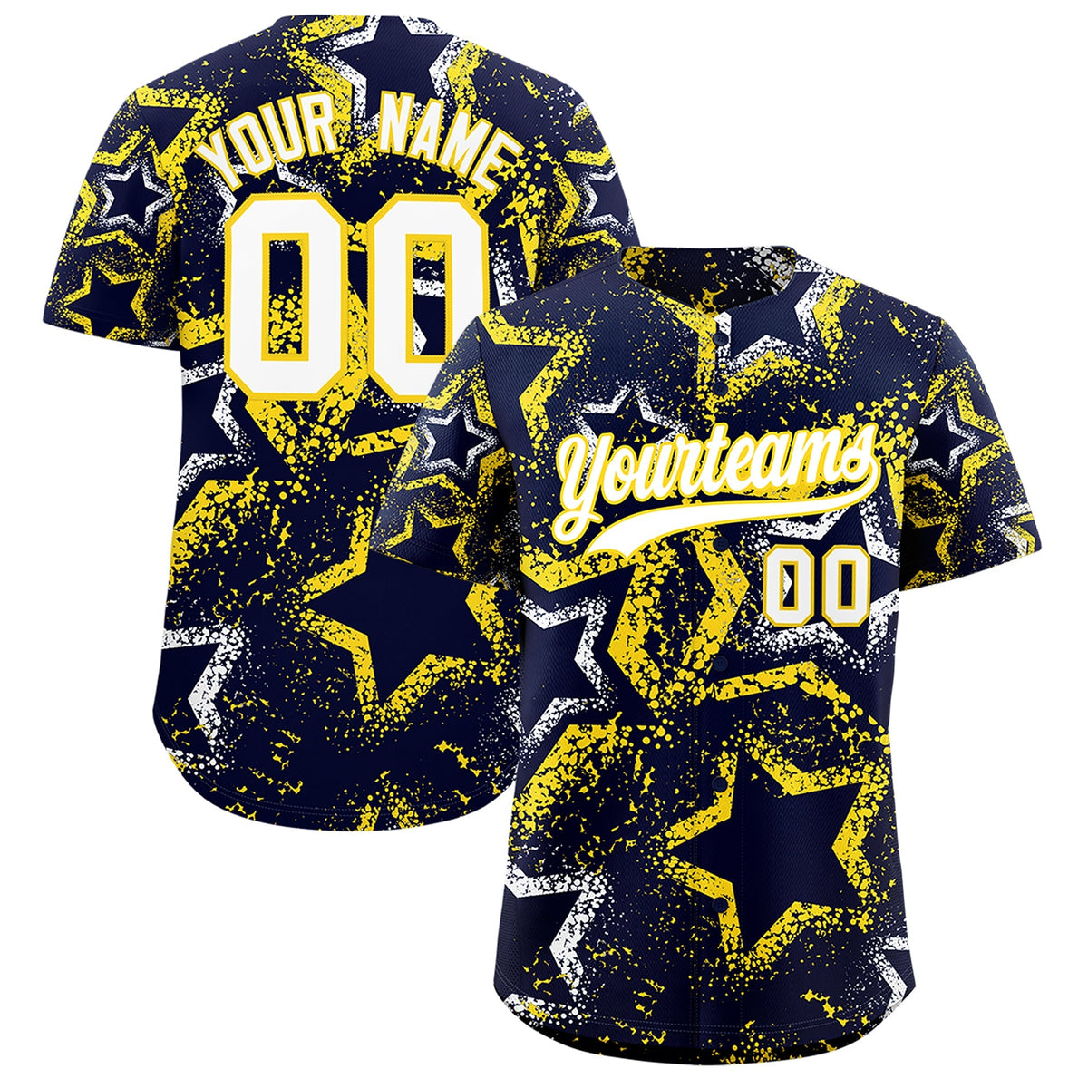 Custom Navy White Gold Star-Shaped Ink Texture Graffiti Pattern Baseball Jersey | Sublimation Printed & Stitched,Add Name and Numbern,Perfect for Parties,Perfect for Training | KXKSHOP