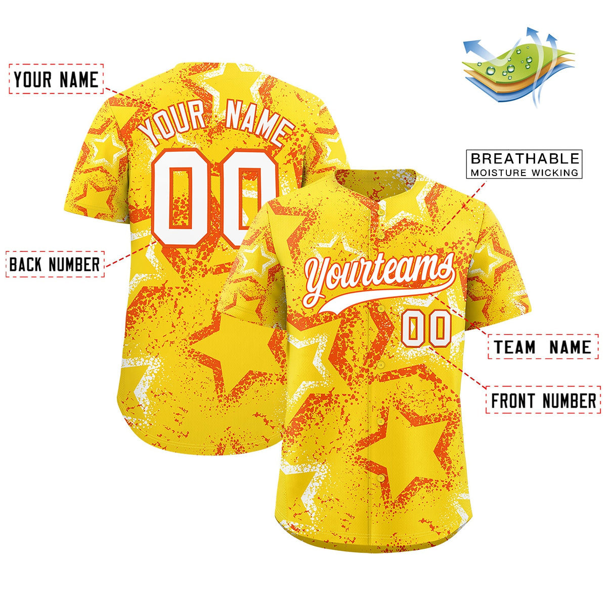 Custom Gold Orange White Star-Shaped Ink Texture Graffiti Pattern Baseball Jersey | Sublimation Printed & Stitched,Add Name and Numbern,Perfect for Parties,Perfect for Training | KXKSHOP