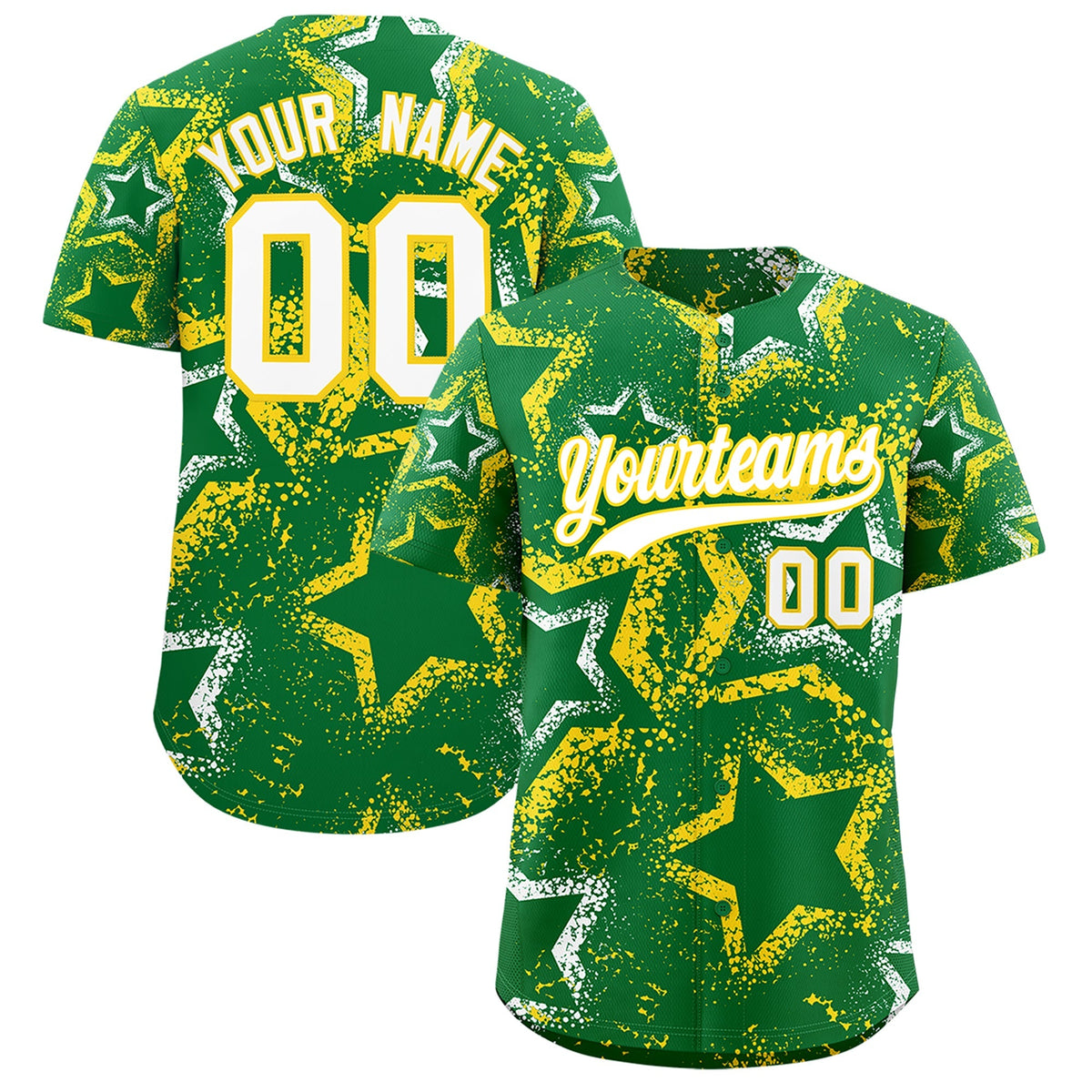 Custom Kelly Green White Gold Star-Shaped Ink Texture Graffiti Pattern Baseball Jersey | Sublimation Printed & Stitched,Add Name and Numbern,Perfect for Parties,Perfect for Training | KXKSHOP