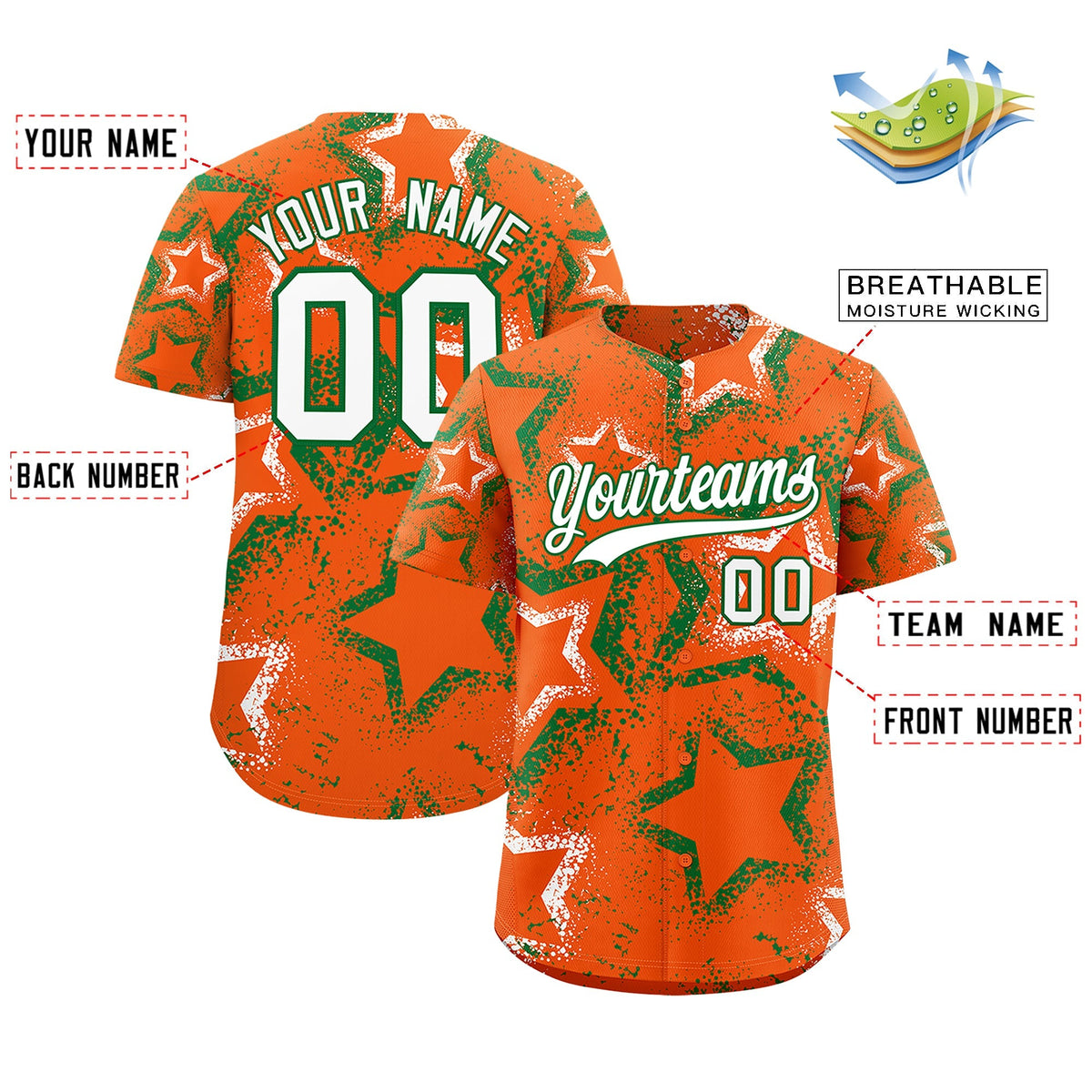 Custom Orange Kelly Green White Star-Shaped Ink Texture Graffiti Pattern Baseball Jersey | Sublimation Printed & Stitched,Add Name and Numbern,Perfect for Parties,Perfect for Training | KXKSHOP
