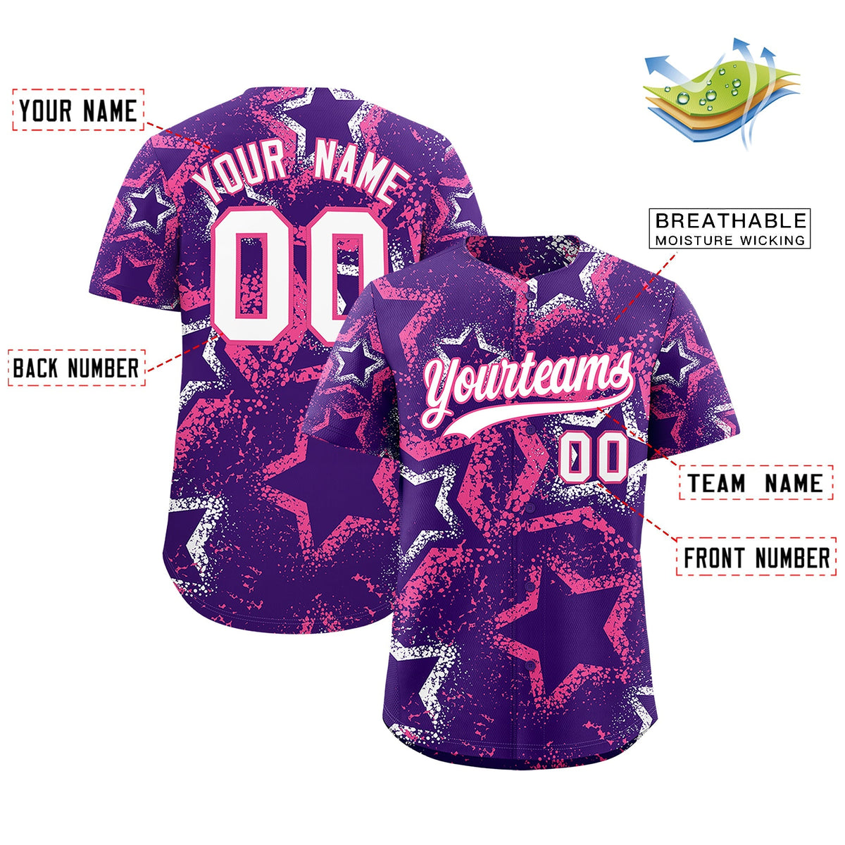 Custom Purple White Pink Star-Shaped Ink Texture Graffiti Pattern Baseball Jersey | Sublimation Printed &amp; Stitched,Add Name and Numbern,Perfect for Parties,Perfect for Training | KXKSHOP