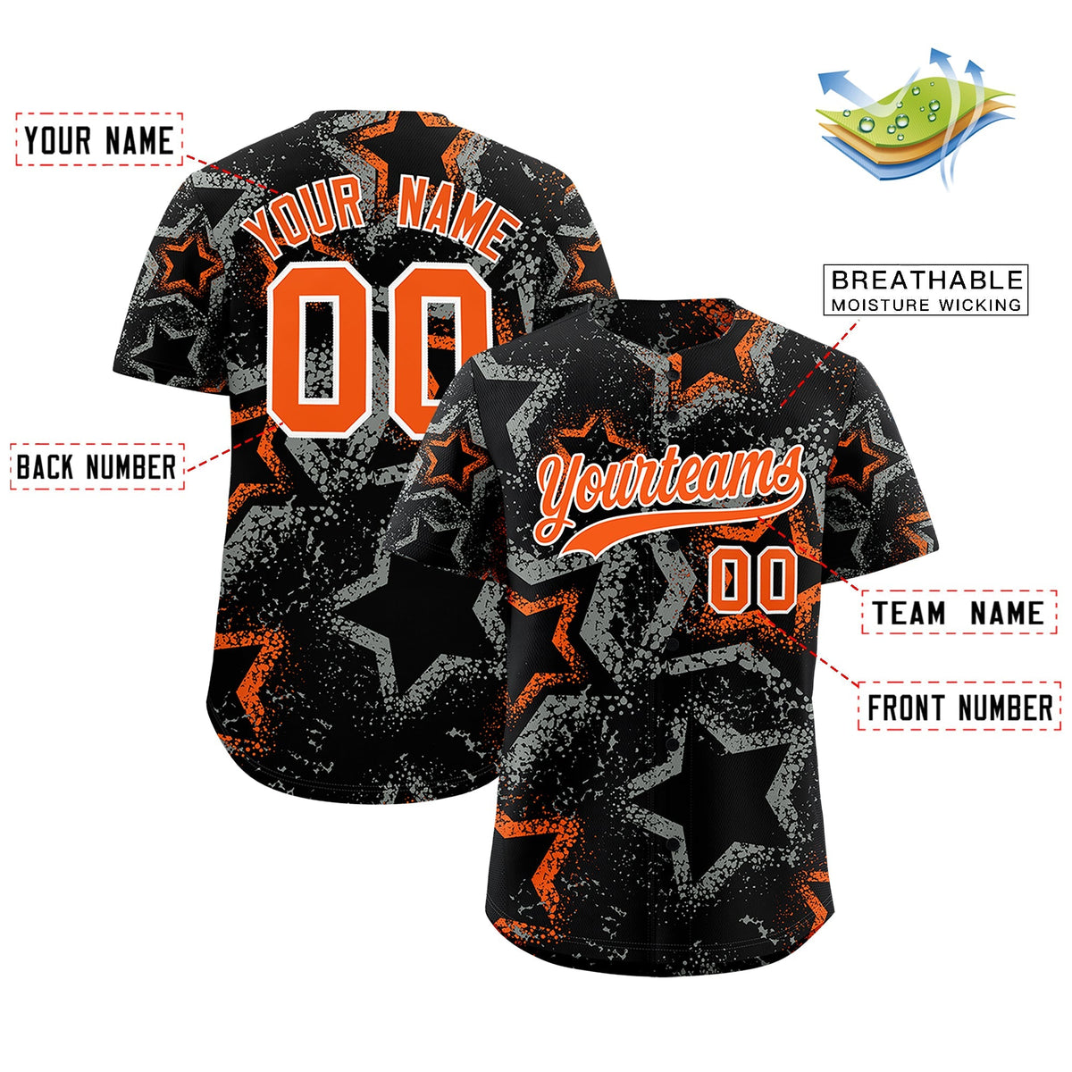 Custom Black Orange White Star-Shaped Ink Texture Graffiti Pattern Baseball Jersey | Sublimation Printed & Stitched,Add Name and Numbern,Perfect for Parties,Perfect for Training | KXKSHOP