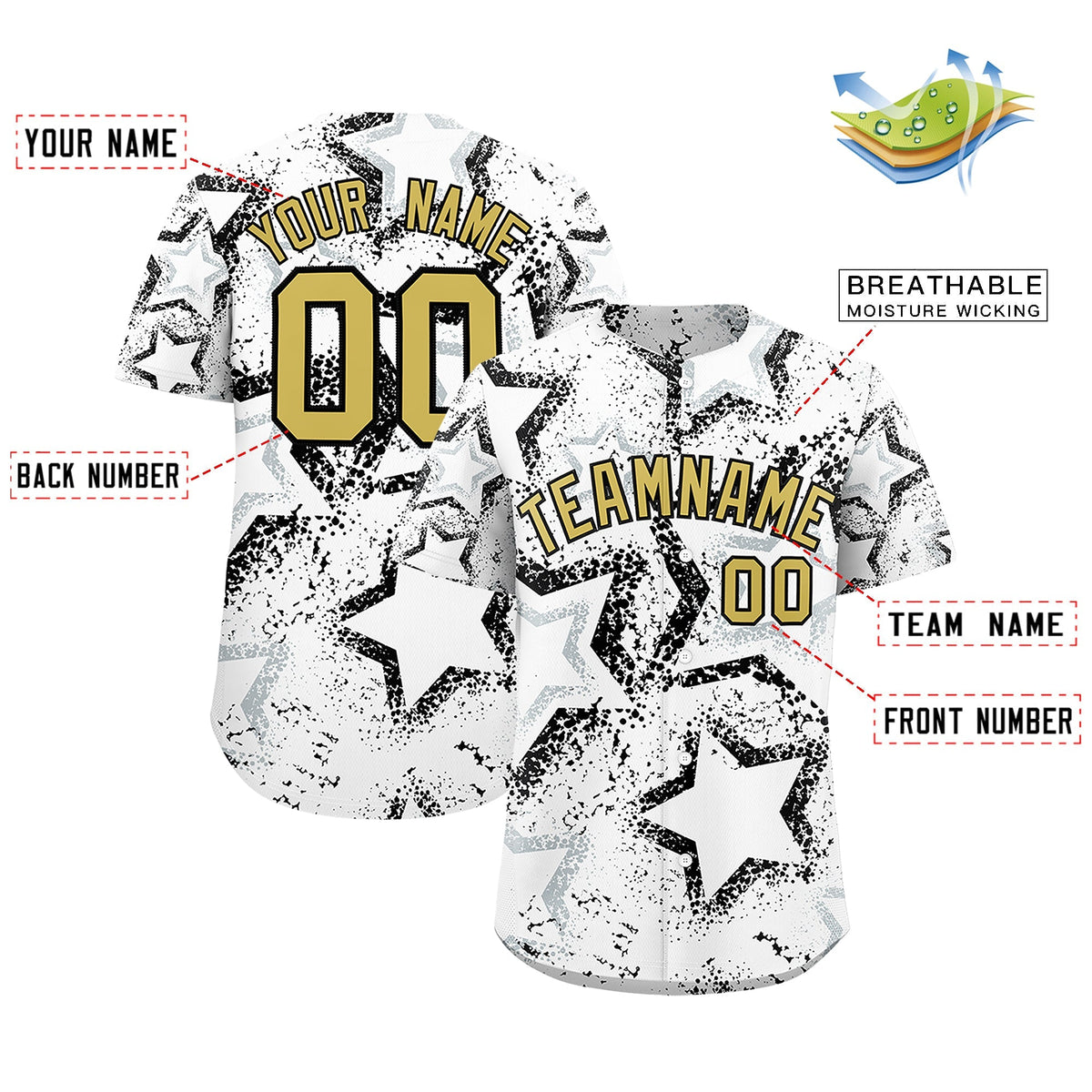 Custom White Silver Old Gold Star-Shaped Ink Texture Graffiti Pattern Baseball Jersey | Sublimation Printed & Stitched,Add Name and Numbern,Perfect for Parties,Perfect for Training | KXKSHOP