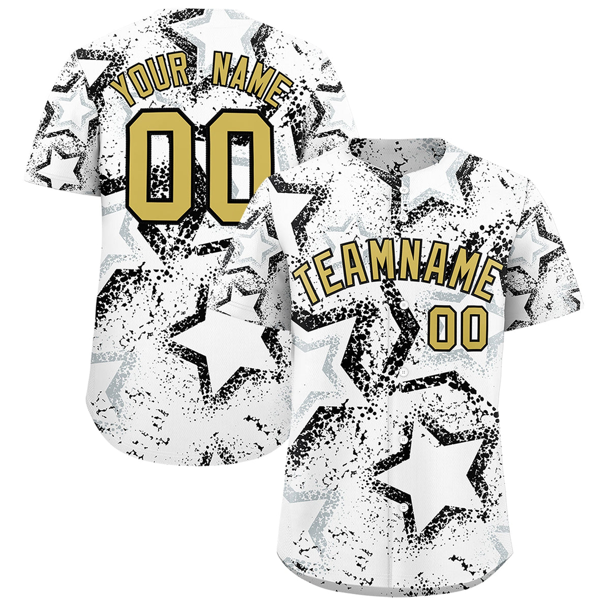 Custom White Silver Old Gold Star-Shaped Ink Texture Graffiti Pattern Baseball Jersey | Sublimation Printed & Stitched,Add Name and Numbern,Perfect for Parties,Perfect for Training | KXKSHOP