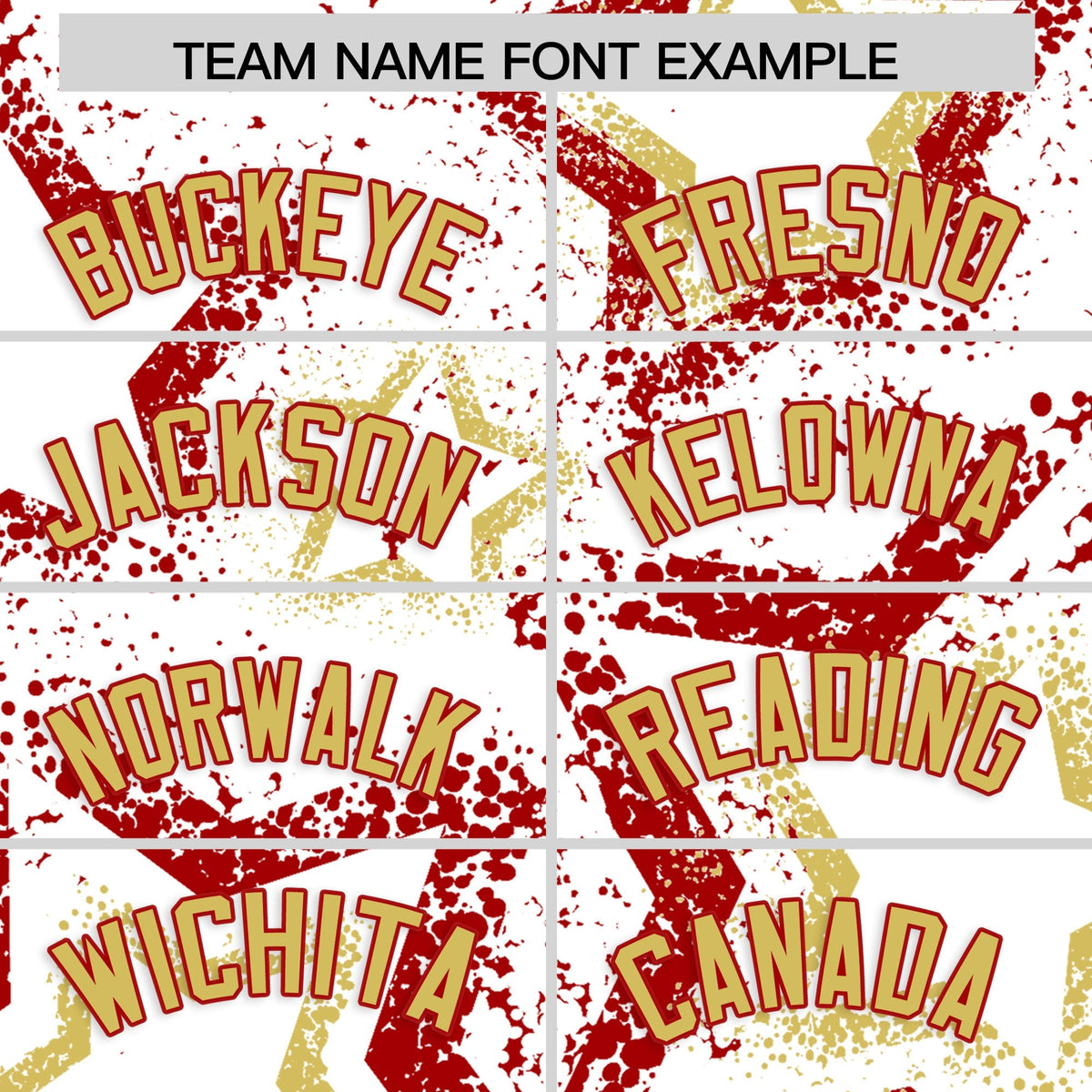 Custom White Old Gold Red Star-Shaped Ink Texture Graffiti Pattern Baseball Jersey | Sublimation Printed & Stitched,Add Name and Numbern,Perfect for Parties,Perfect for Training | KXKSHOP