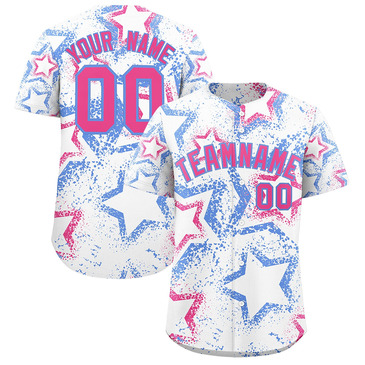 Custom White Light Blue Pink Star-Shaped Ink Texture Graffiti Pattern Baseball Jersey | Sublimation Printed &amp; Stitched,Add Name and Numbern,Perfect for Parties,Perfect for Training | KXKSHOP