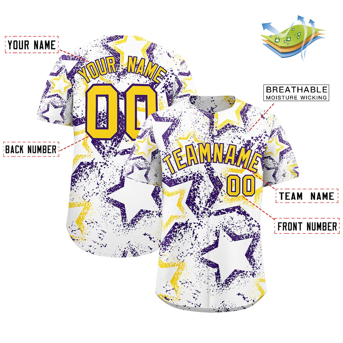 Custom White Gold Purple Star-Shaped Ink Texture Graffiti Pattern Baseball Jersey | Sublimation Printed & Stitched,Add Name and Numbern,Perfect for Parties,Perfect for Training | KXKSHOP