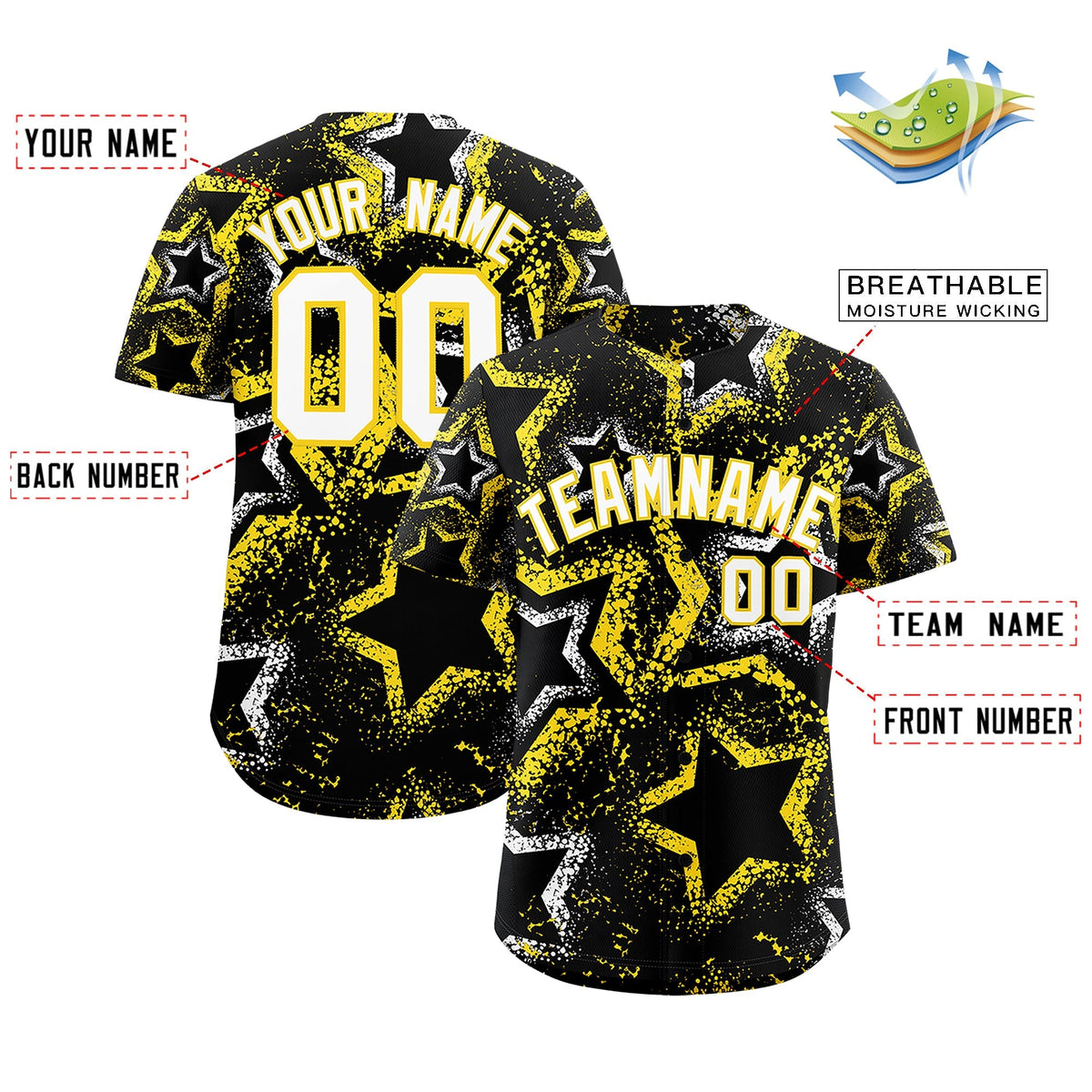 Custom Black White Gold Star-Shaped Ink Texture Graffiti Pattern Baseball Jersey | Sublimation Printed & Stitched,Add Name and Numbern,Perfect for Parties,Perfect for Training | KXKSHOP
