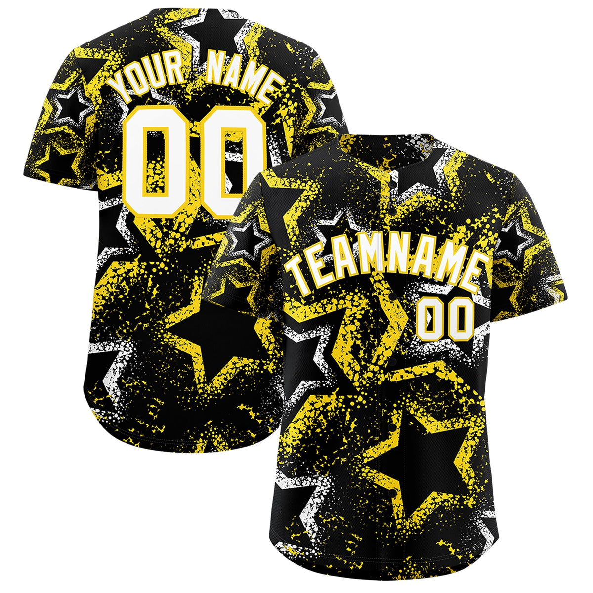 Custom Black White Gold Star-Shaped Ink Texture Graffiti Pattern Baseball Jersey | Sublimation Printed & Stitched,Add Name and Numbern,Perfect for Parties,Perfect for Training | KXKSHOP