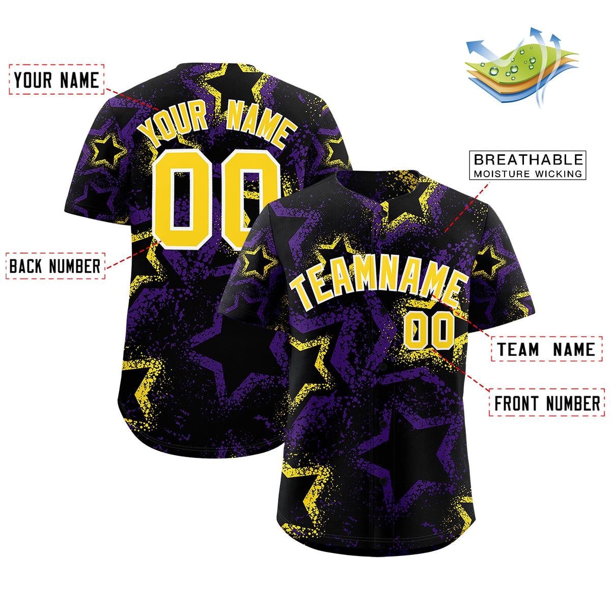 Custom Black Gold White Star-Shaped Ink Texture Graffiti Pattern Baseball Jersey | Sublimation Printed & Stitched,Add Name and Numbern,Perfect for Parties,Perfect for Training | KXKSHOP