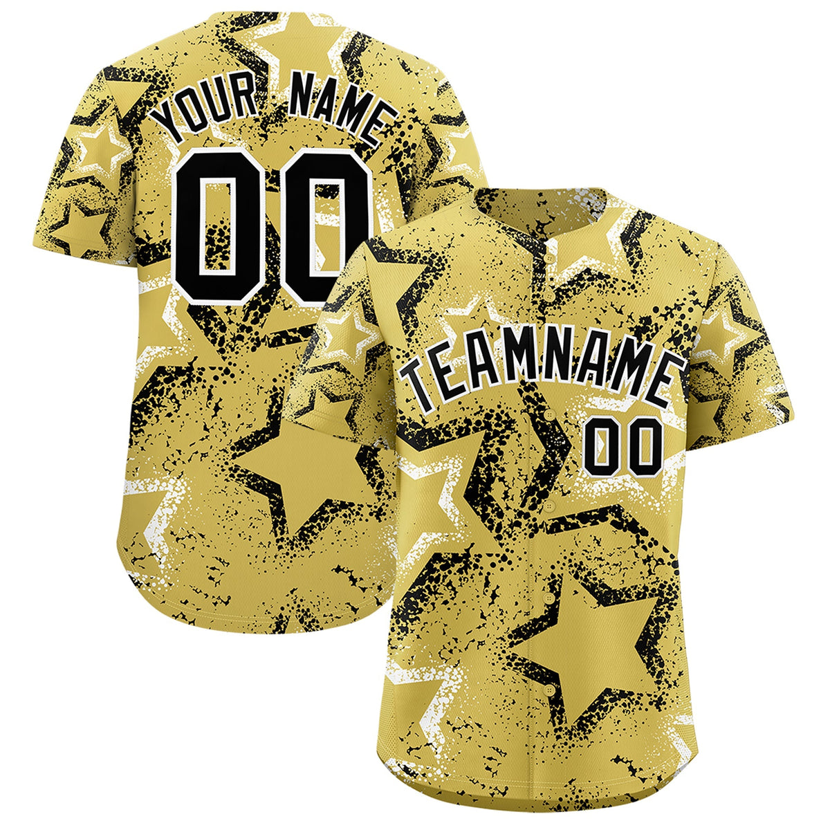 Custom Old Gold White Black Star-Shaped Ink Texture Graffiti Pattern Baseball Jersey | Sublimation Printed & Stitched,Add Name and Numbern,Perfect for Parties,Perfect for Training | KXKSHOP