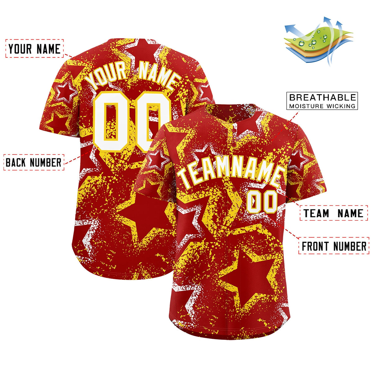 Custom Red White Gold Star-Shaped Ink Texture Graffiti Pattern Baseball Jersey | Sublimation Printed & Stitched,Add Name and Numbern,Perfect for Parties,Perfect for Training | KXKSHOP