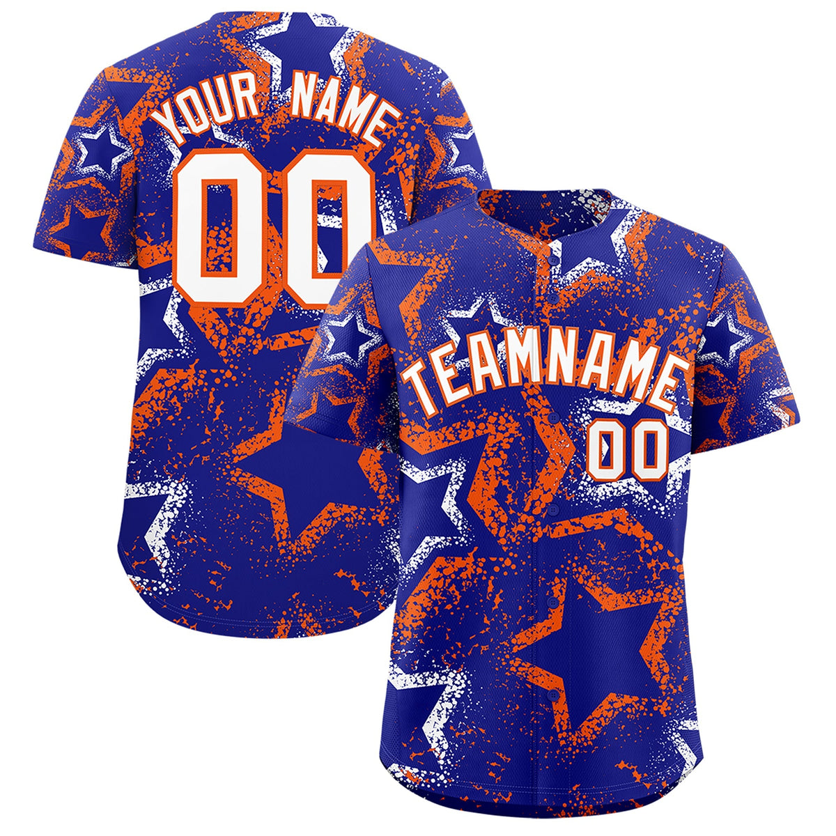 Custom Royal Blue White Orange Star-Shaped Ink Texture Graffiti Pattern Baseball Jersey | Sublimation Printed & Stitched,Add Name and Numbern,Perfect for Parties,Perfect for Training | KXKSHOP