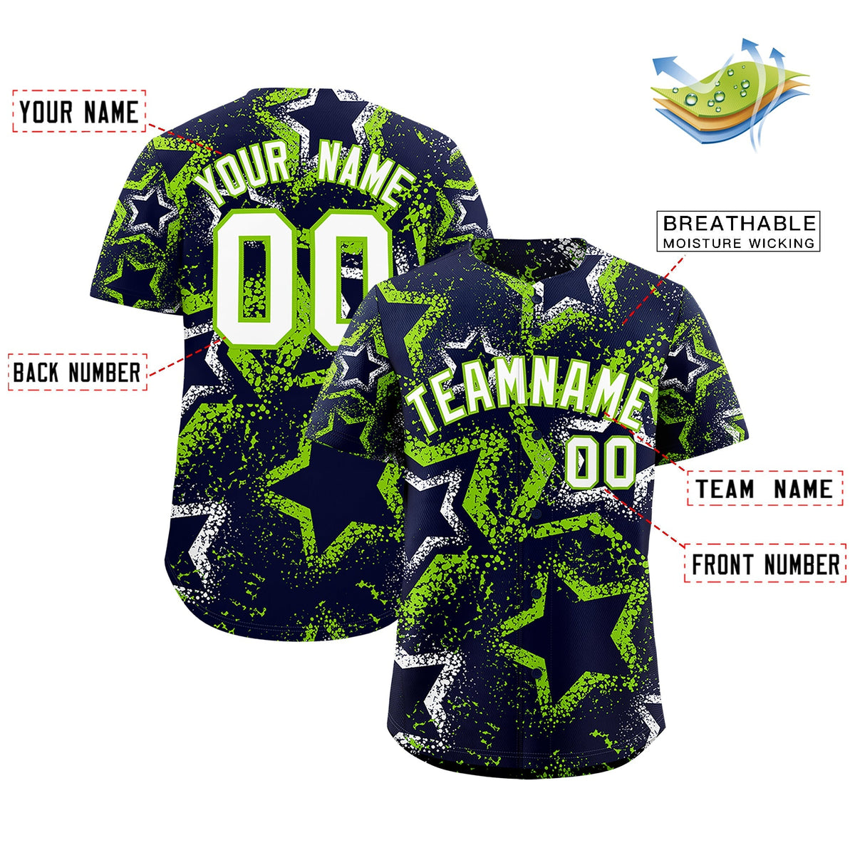 Custom Navy White Neon Green Star-Shaped Ink Texture Graffiti Pattern Baseball Jersey | Sublimation Printed &amp; Stitched,Add Name and Numbern,Perfect for Parties,Perfect for Training | KXKSHOP