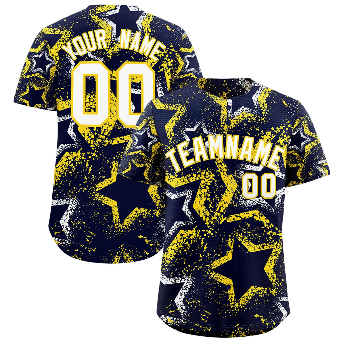 Custom Navy White Gold Star-Shaped Ink Texture Graffiti Pattern Baseball Jersey | Sublimation Printed & Stitched,Add Name and Numbern,Perfect for Parties,Perfect for Training | KXKSHOP