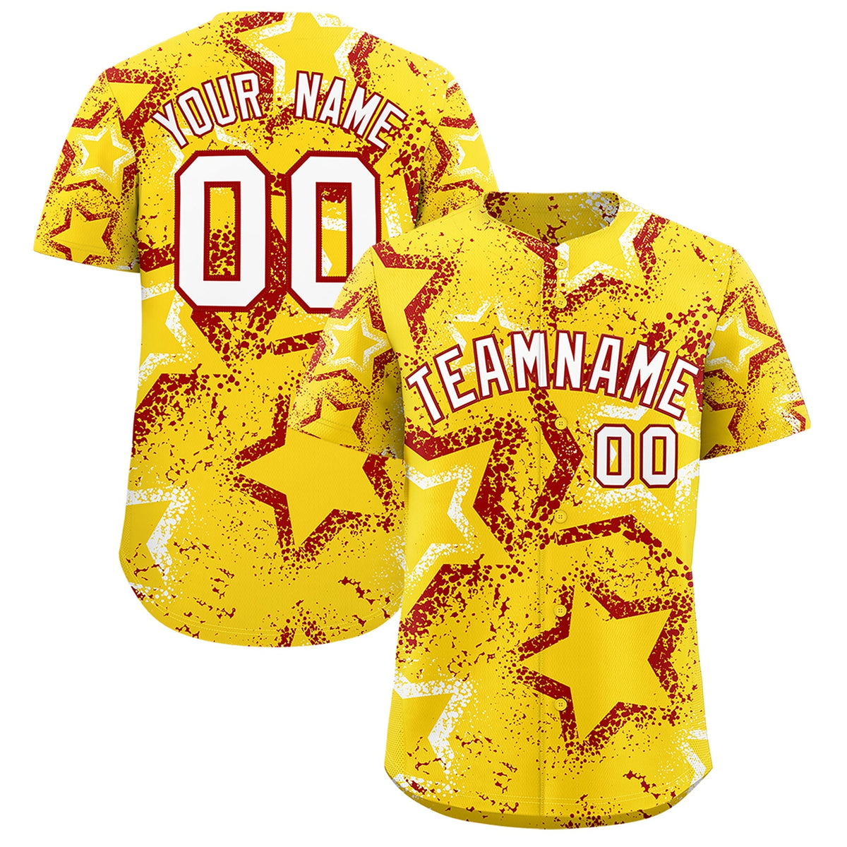 Custom Gold White Red Star-Shaped Ink Texture Graffiti Pattern Baseball Jersey | Sublimation Printed & Stitched,Add Name and Numbern,Perfect for Parties,Perfect for Training | KXKSHOP