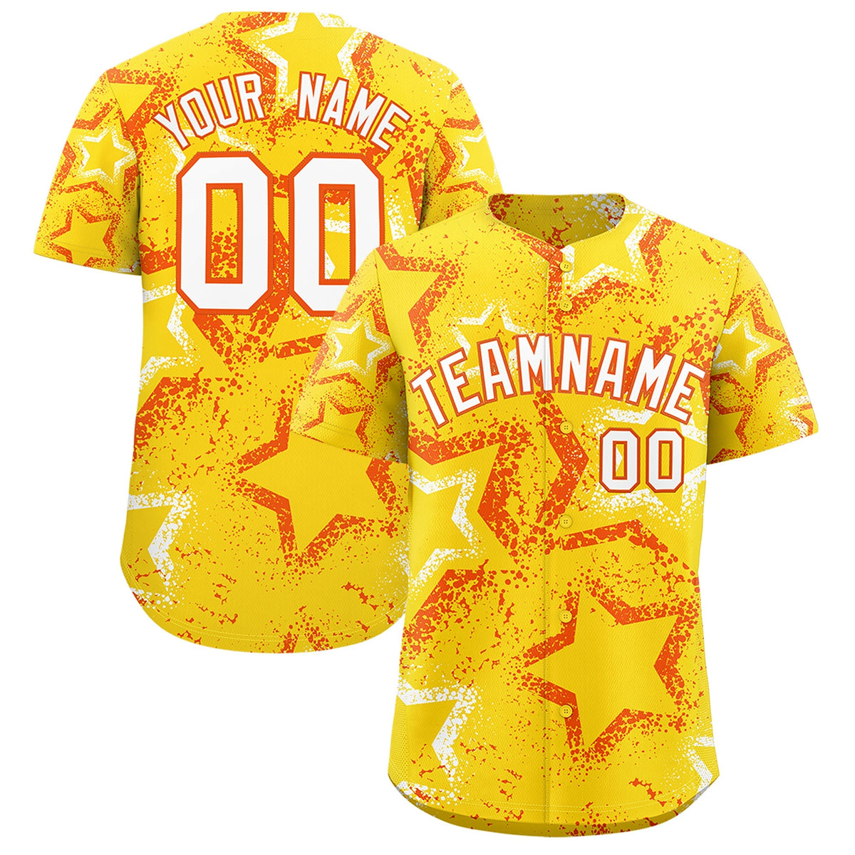 Custom Gold Orange White Star-Shaped Ink Texture Graffiti Pattern Baseball Jersey | Sublimation Printed & Stitched,Add Name and Numbern,Perfect for Parties,Perfect for Training | KXKSHOP
