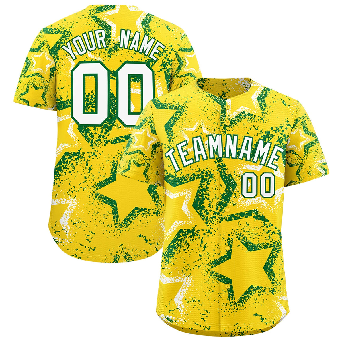 Custom Gold White Kelly Green Star-Shaped Ink Texture Graffiti Pattern Baseball Jersey | Sublimation Printed & Stitched,Add Name and Numbern,Perfect for Parties,Perfect for Training | KXKSHOP