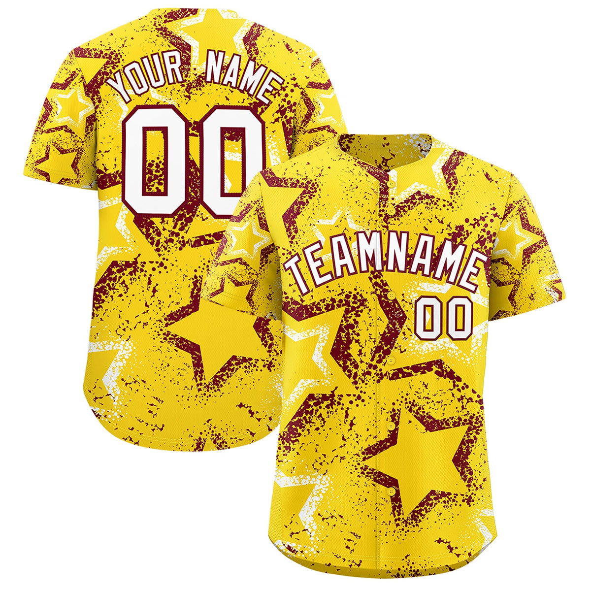 Custom Gold White Crimson Star-Shaped Ink Texture Graffiti Pattern Baseball Jersey | Sublimation Printed &amp; Stitched,Add Name and Numbern,Perfect for Parties,Perfect for Training | KXKSHOP