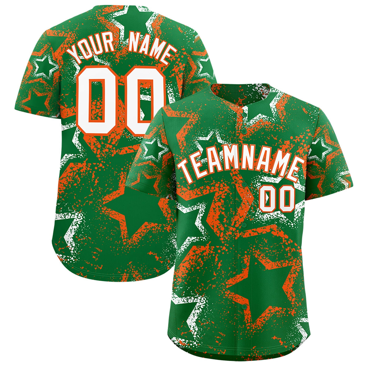 Custom Kelly Green White Orange Star-Shaped Ink Texture Graffiti Pattern Baseball Jersey | Sublimation Printed & Stitched,Add Name and Numbern,Perfect for Parties,Perfect for Training | KXKSHOP
