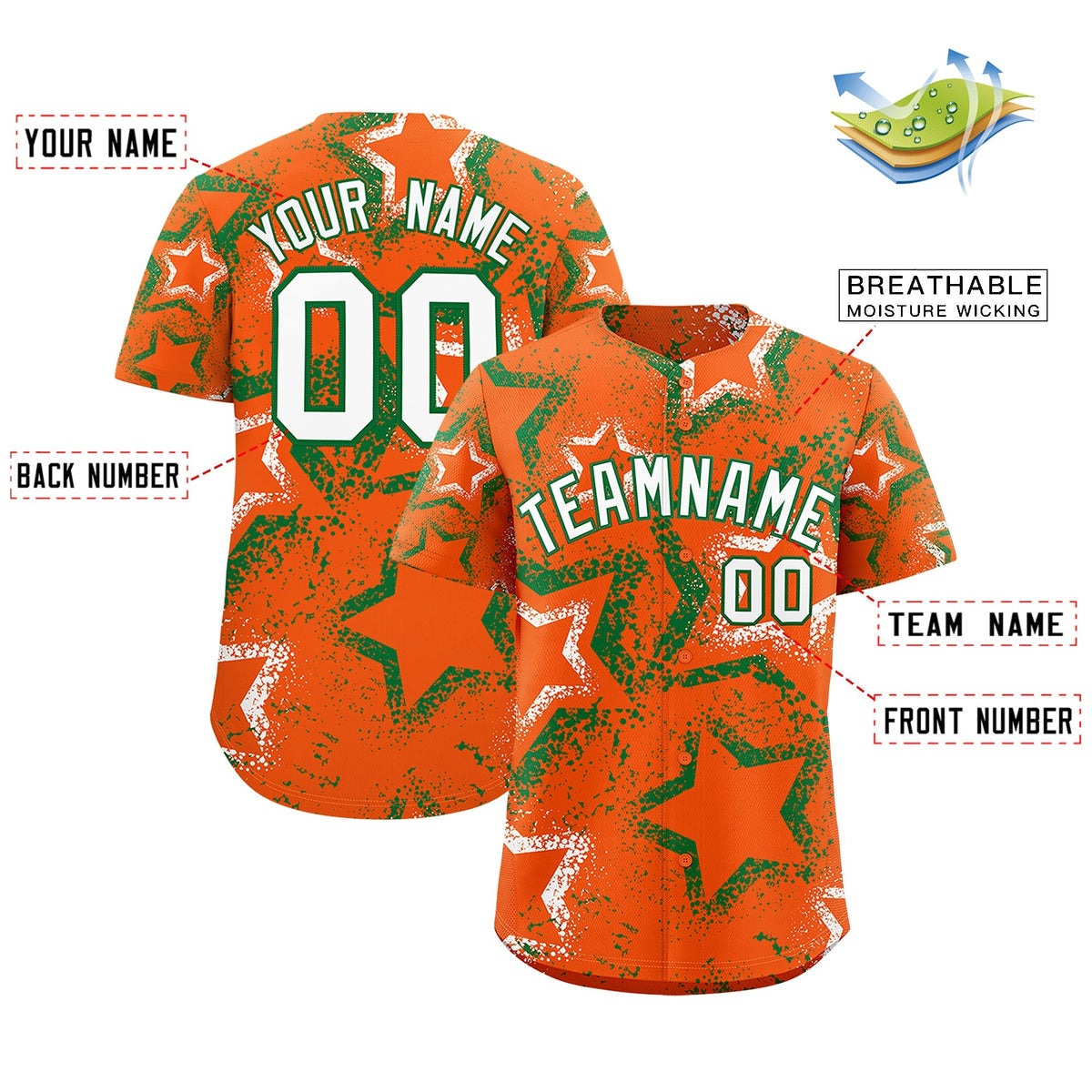 Custom Orange White Kelly Green Star-Shaped Ink Texture Graffiti Pattern Baseball Jersey | Sublimation Printed & Stitched,Add Name and Numbern,Perfect for Parties,Perfect for Training | KXKSHOP