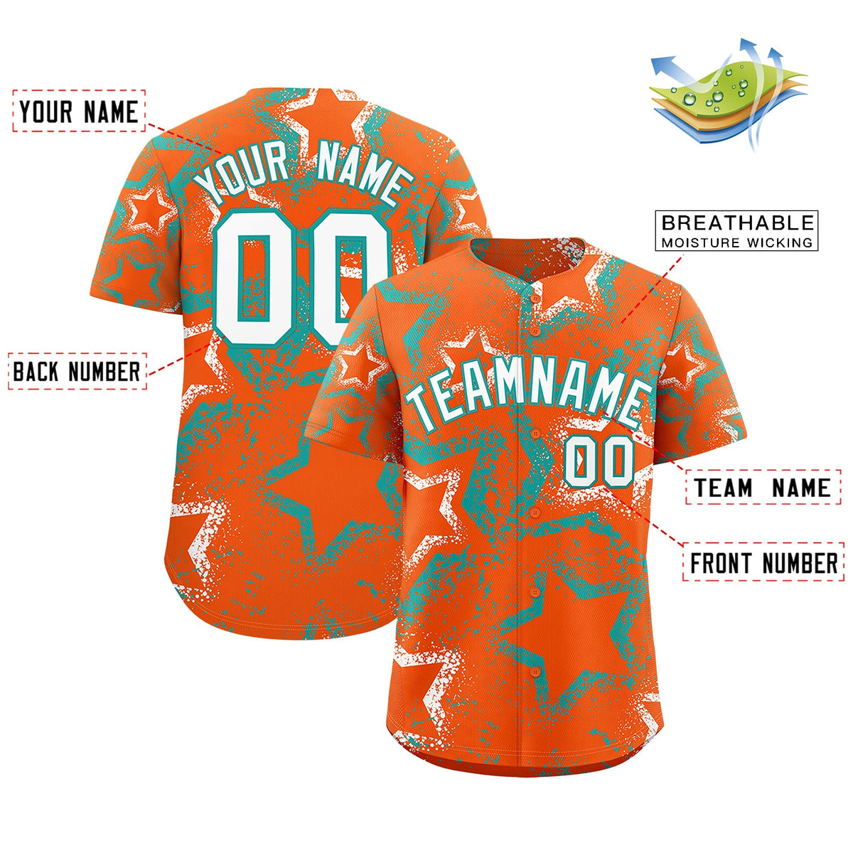 Custom Orange White Aqua Star-Shaped Ink Texture Graffiti Pattern Baseball Jersey | Sublimation Printed &amp; Stitched,Add Name and Numbern,Perfect for Parties,Perfect for Training | KXKSHOP