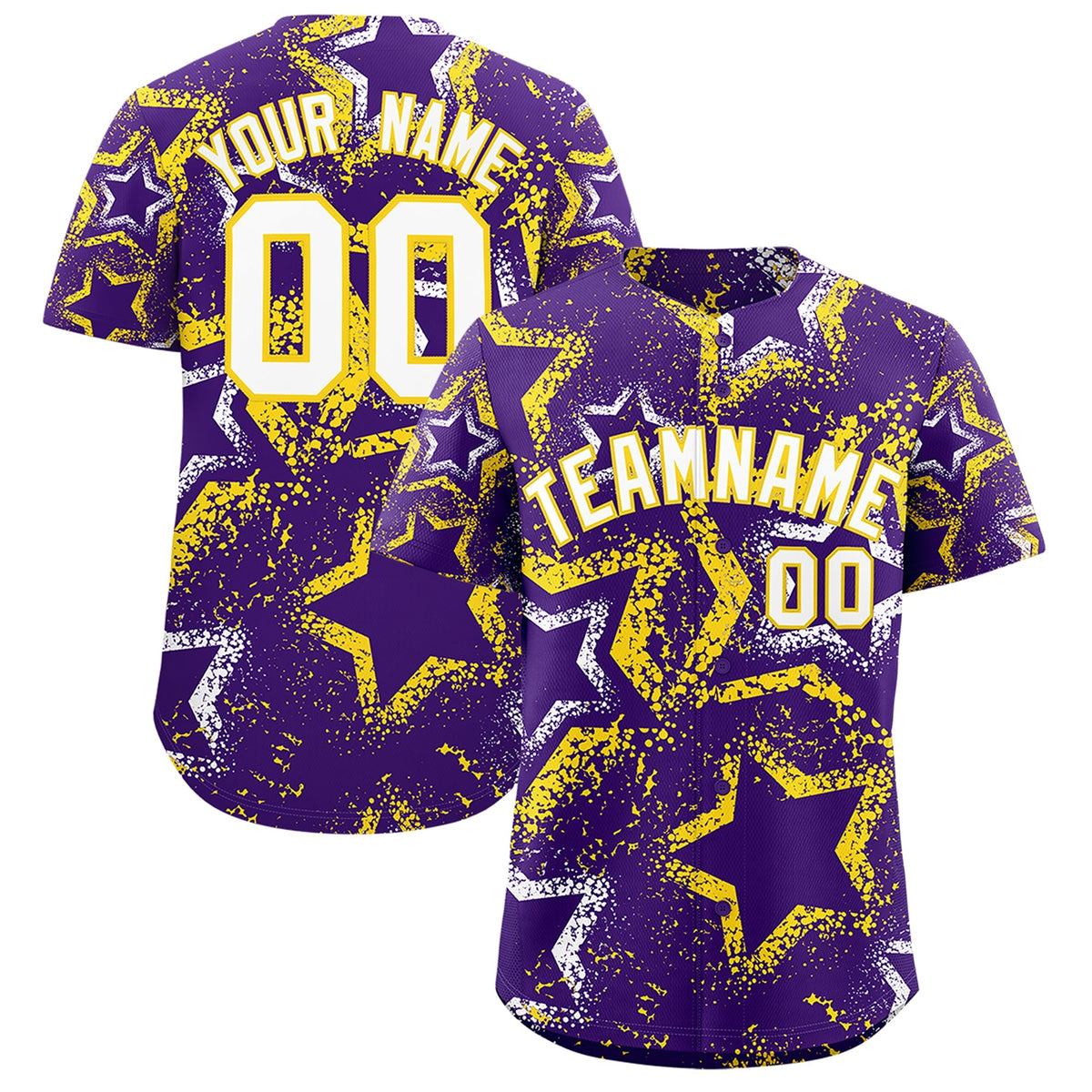 Custom Purple White Gold Star-Shaped Ink Texture Graffiti Pattern Baseball Jersey | Sublimation Printed & Stitched,Add Name and Numbern,Perfect for Parties,Perfect for Training | KXKSHOP