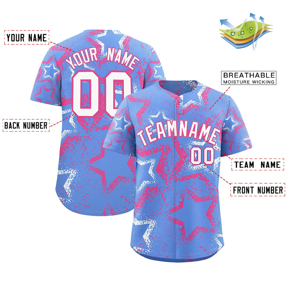 Custom Light Blue White Pink Star-Shaped Ink Texture Graffiti Pattern Baseball Jersey | Sublimation Printed &amp; Stitched,Add Name and Numbern,Perfect for Parties,Perfect for Training | KXKSHOP