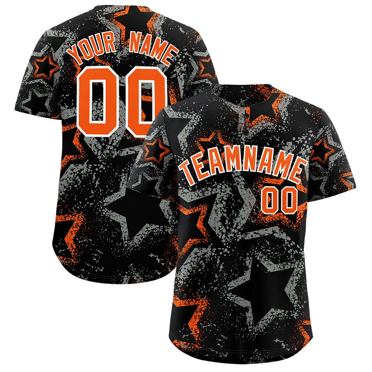 Custom Black Orange White Star-Shaped Ink Texture Graffiti Pattern Baseball Jersey | Sublimation Printed & Stitched,Add Name and Numbern,Perfect for Parties,Perfect for Training | KXKSHOP