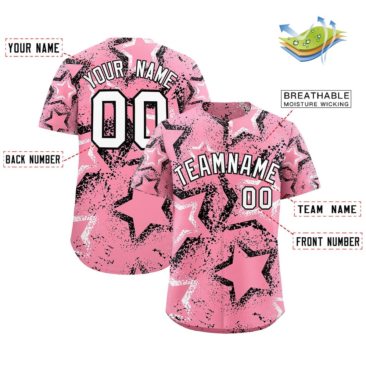 Custom Light Pink White Black Star-Shaped Ink Texture Graffiti Pattern Baseball Jersey | Sublimation Printed & Stitched,Add Name and Numbern,Perfect for Parties,Perfect for Training | KXKSHOP