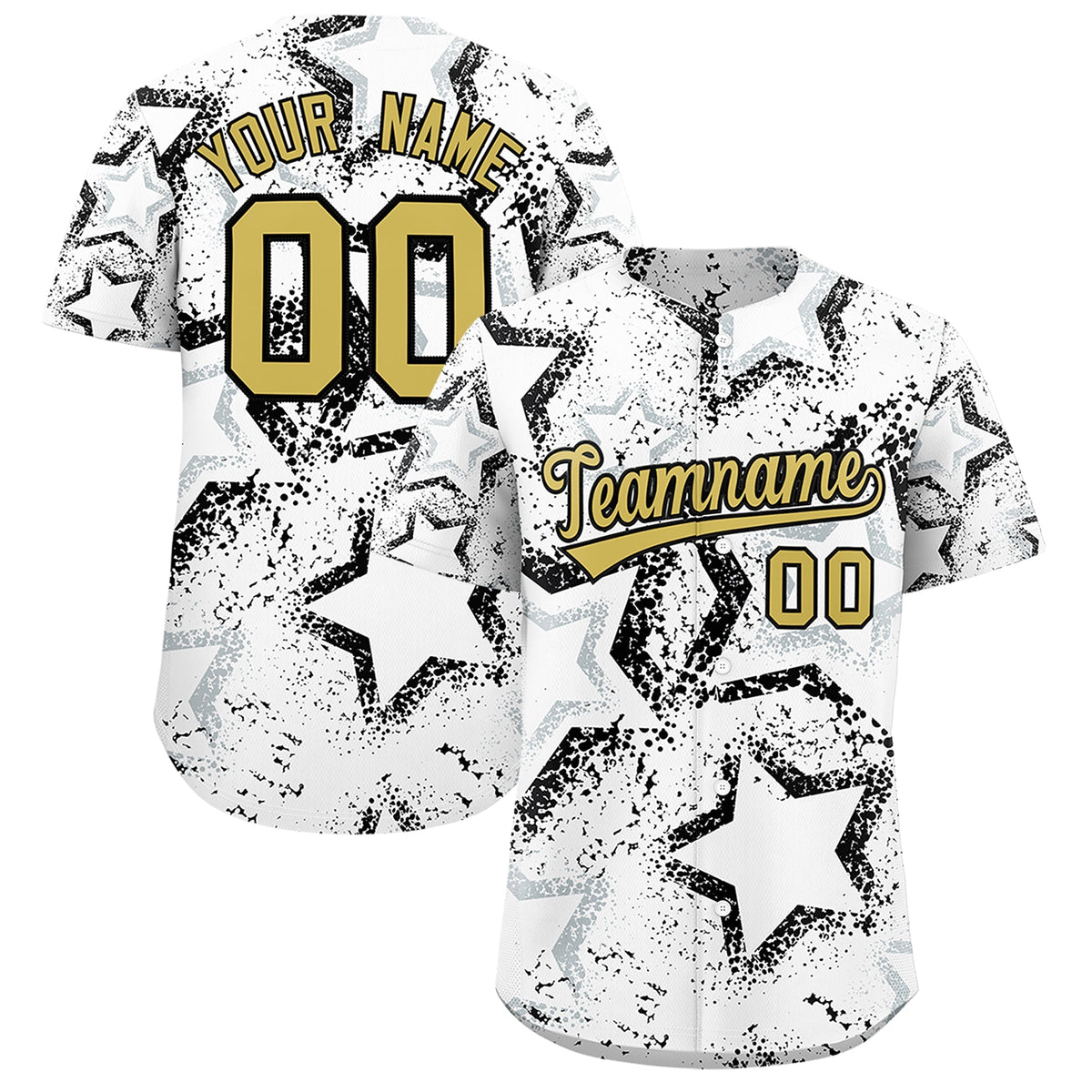 Custom White Silver Old Gold Star-Shaped Ink Texture Graffiti Pattern Baseball Jersey | Sublimation Printed & Stitched,Add Name and Numbern,Perfect for Parties,Perfect for Training | KXKSHOP