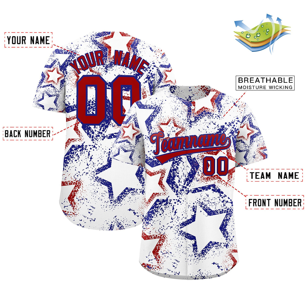 Custom White Royal Blue Red Star-Shaped Ink Texture Graffiti Pattern Baseball Jersey | Sublimation Printed & Stitched,Add Name and Numbern,Perfect for Parties,Perfect for Training | KXKSHOP