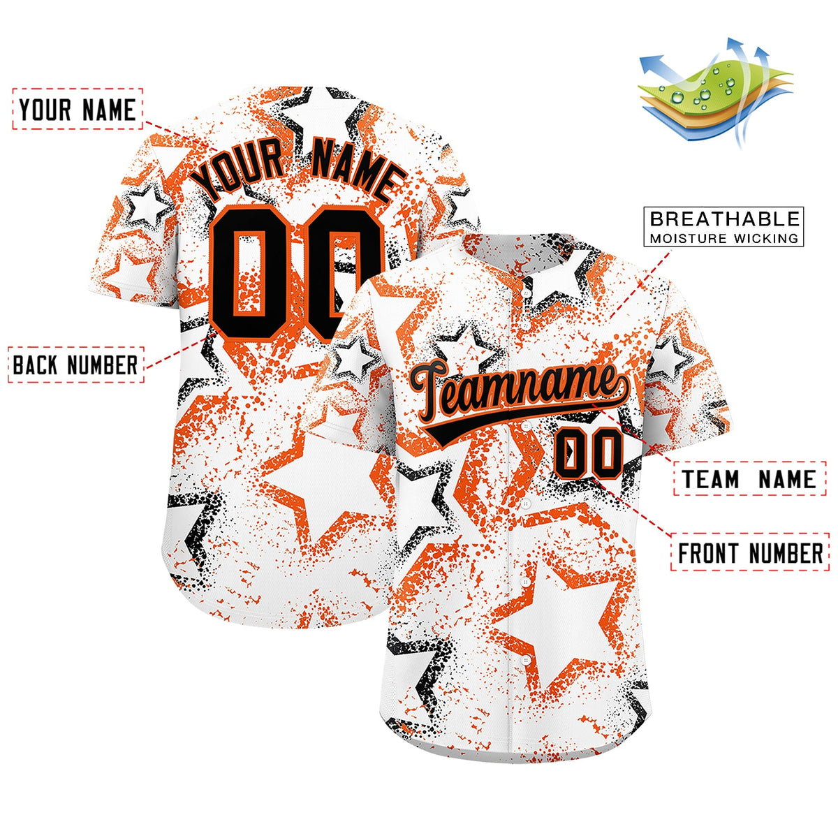 Custom White Orange Black Star-Shaped Ink Texture Graffiti Pattern Baseball Jersey | Sublimation Printed & Stitched,Add Name and Numbern,Perfect for Parties,Perfect for Training | KXKSHOP