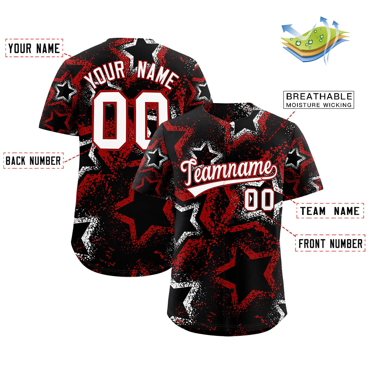 Custom Black White Red Star-Shaped Ink Texture Graffiti Pattern Baseball Jersey | Sublimation Printed & Stitched,Add Name and Numbern,Perfect for Parties,Perfect for Training | KXKSHOP