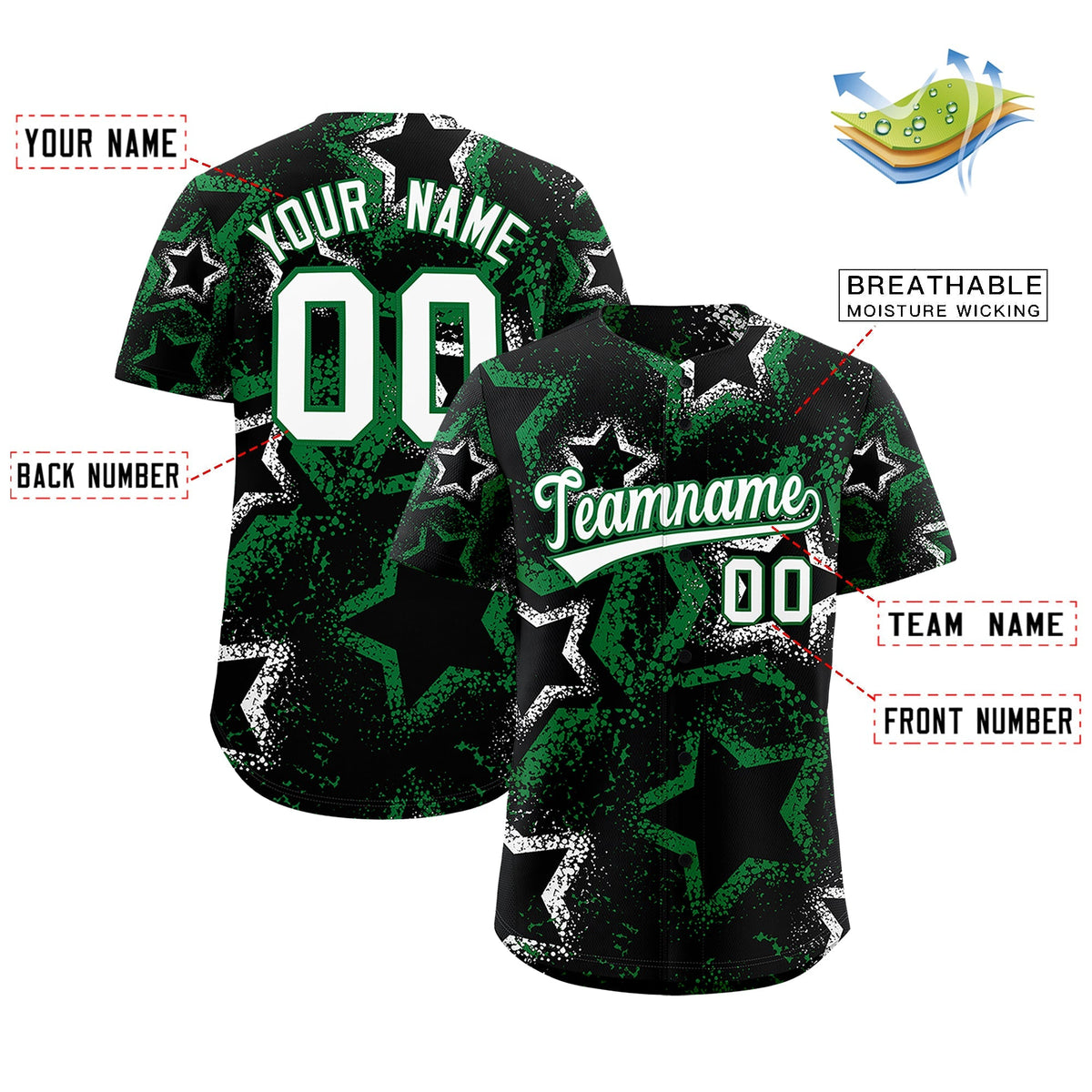 Custom Black White Kelly Green Star-Shaped Ink Texture Graffiti Pattern Baseball Jersey | Sublimation Printed &amp; Stitched,Add Name and Numbern,Perfect for Parties,Perfect for Training | KXKSHOP