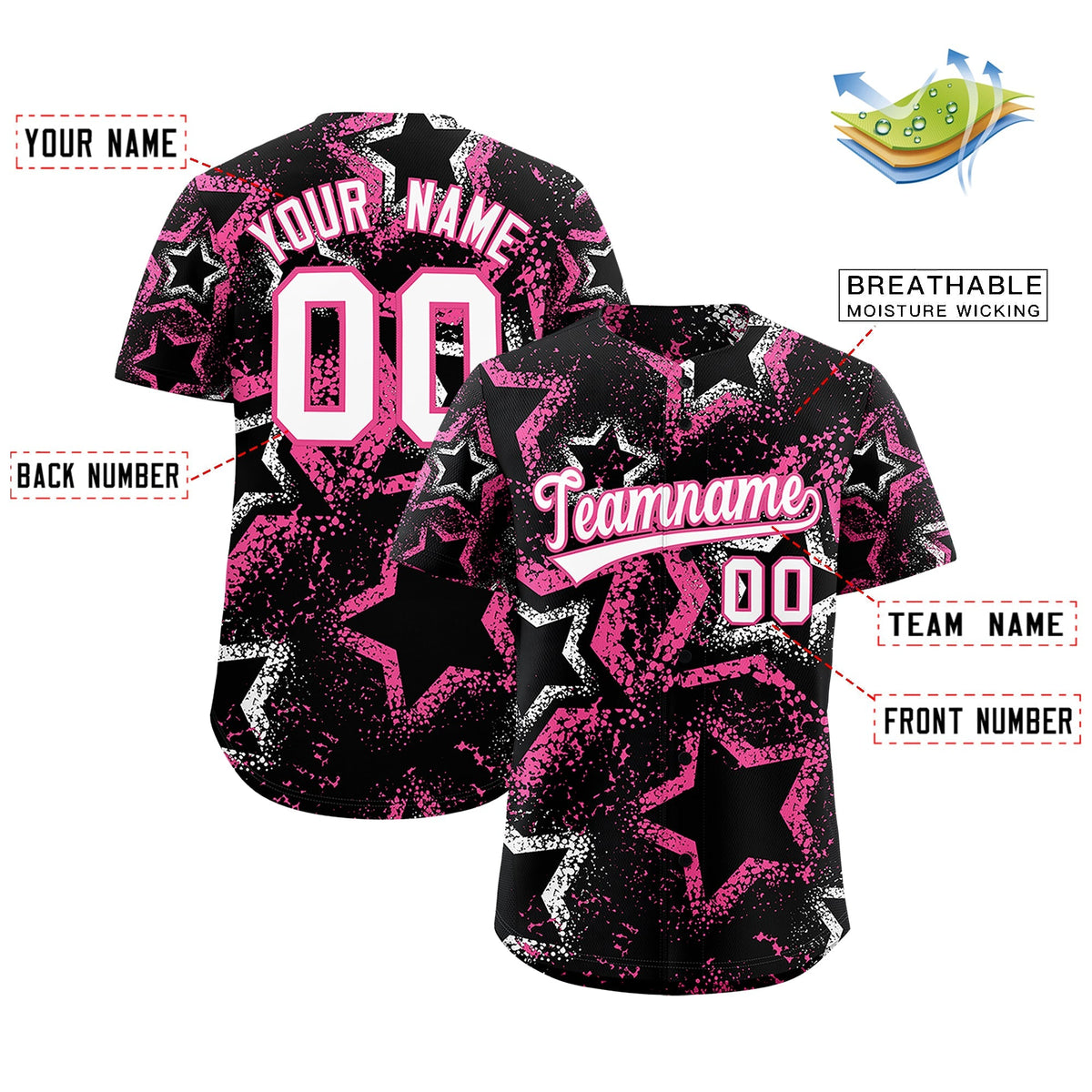 Custom Black White Pink Star-Shaped Ink Texture Graffiti Pattern Baseball Jersey | Sublimation Printed &amp; Stitched,Add Name and Numbern,Perfect for Parties,Perfect for Training | KXKSHOP