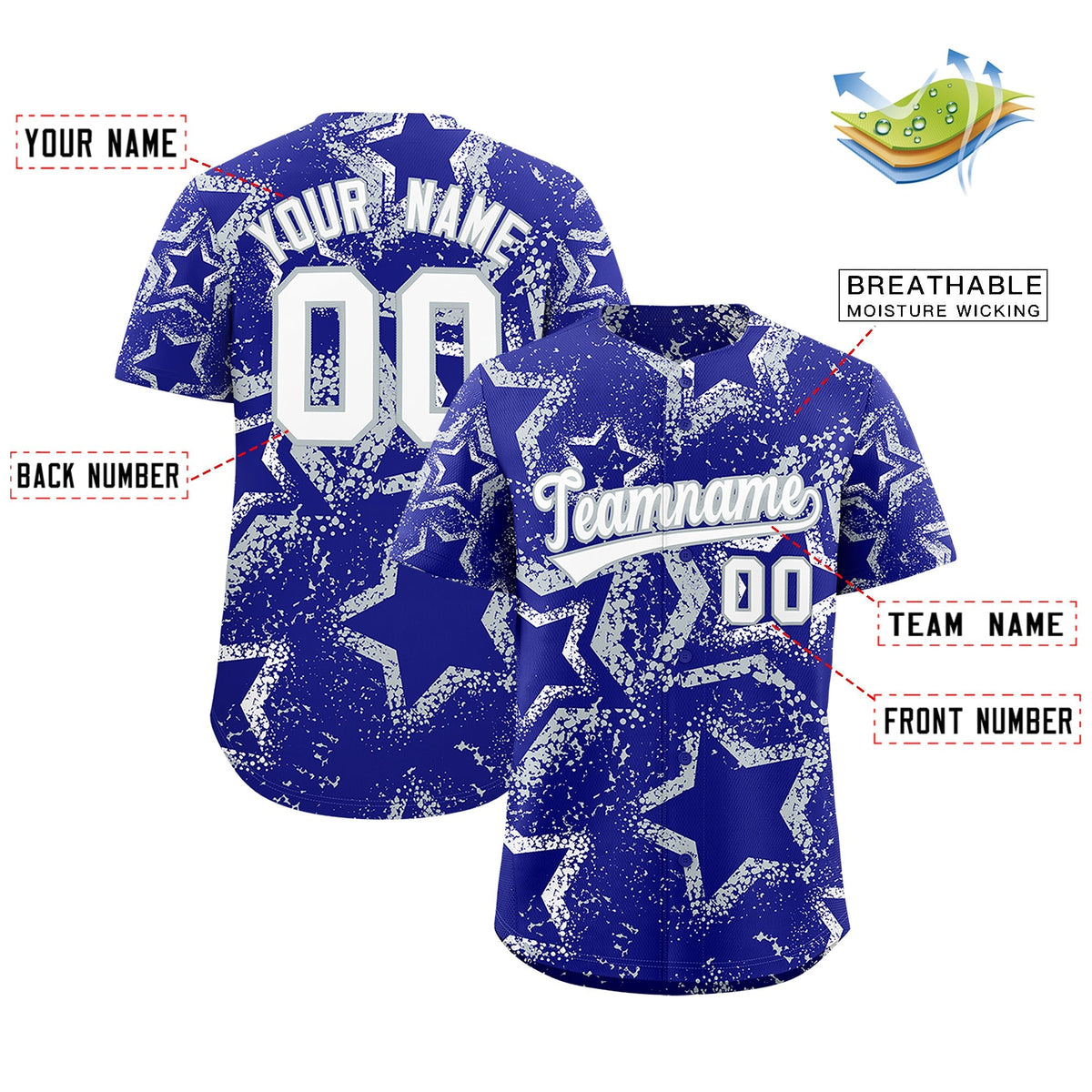 Custom Royal Blue White Silver Star-Shaped Ink Texture Graffiti Pattern Baseball Jersey | Sublimation Printed & Stitched,Add Name and Numbern,Perfect for Parties,Perfect for Training | KXKSHOP