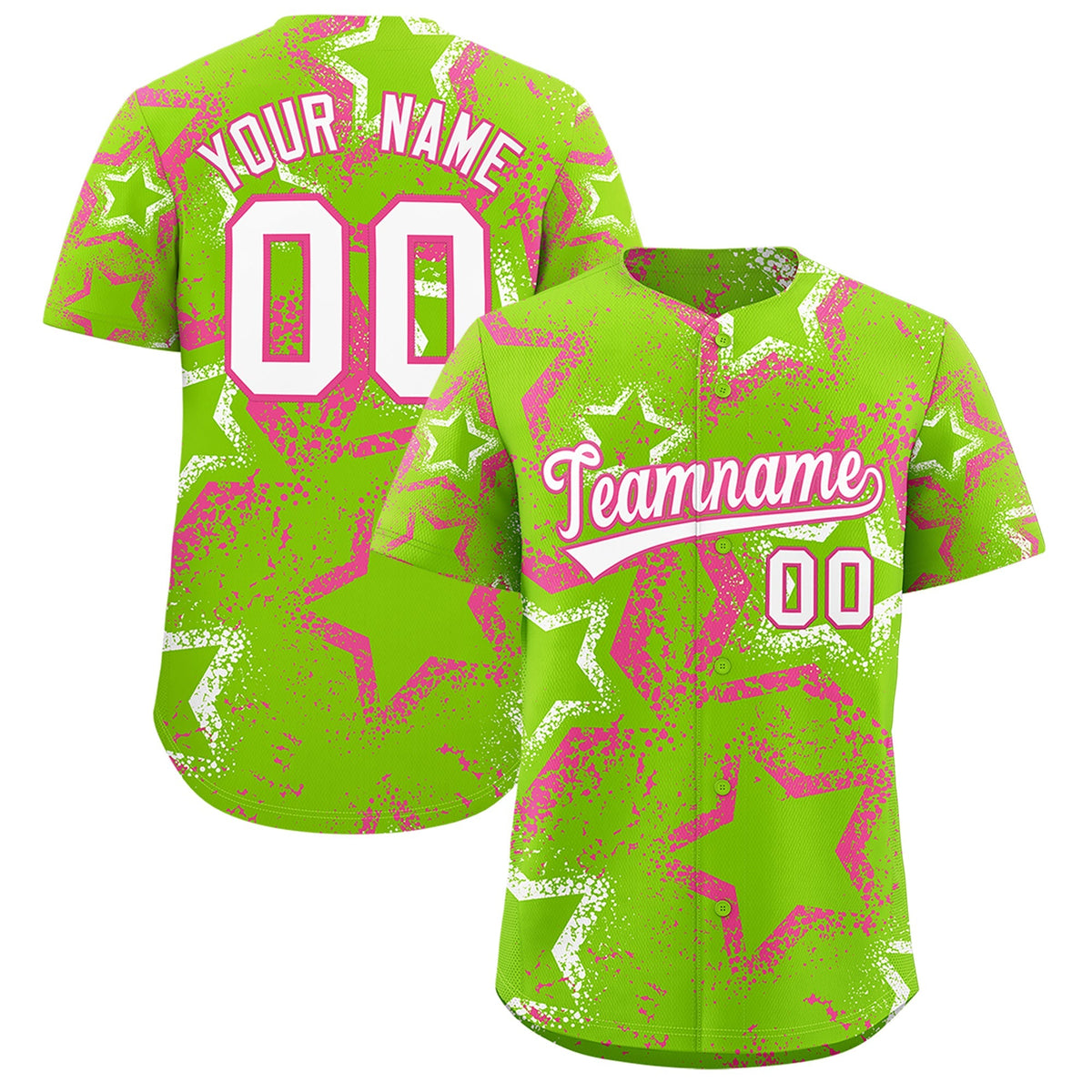Custom Neon Green Pink White Star-Shaped Ink Texture Graffiti Pattern Baseball Jersey | Sublimation Printed &amp; Stitched,Add Name and Numbern,Perfect for Parties,Perfect for Training | KXKSHOP